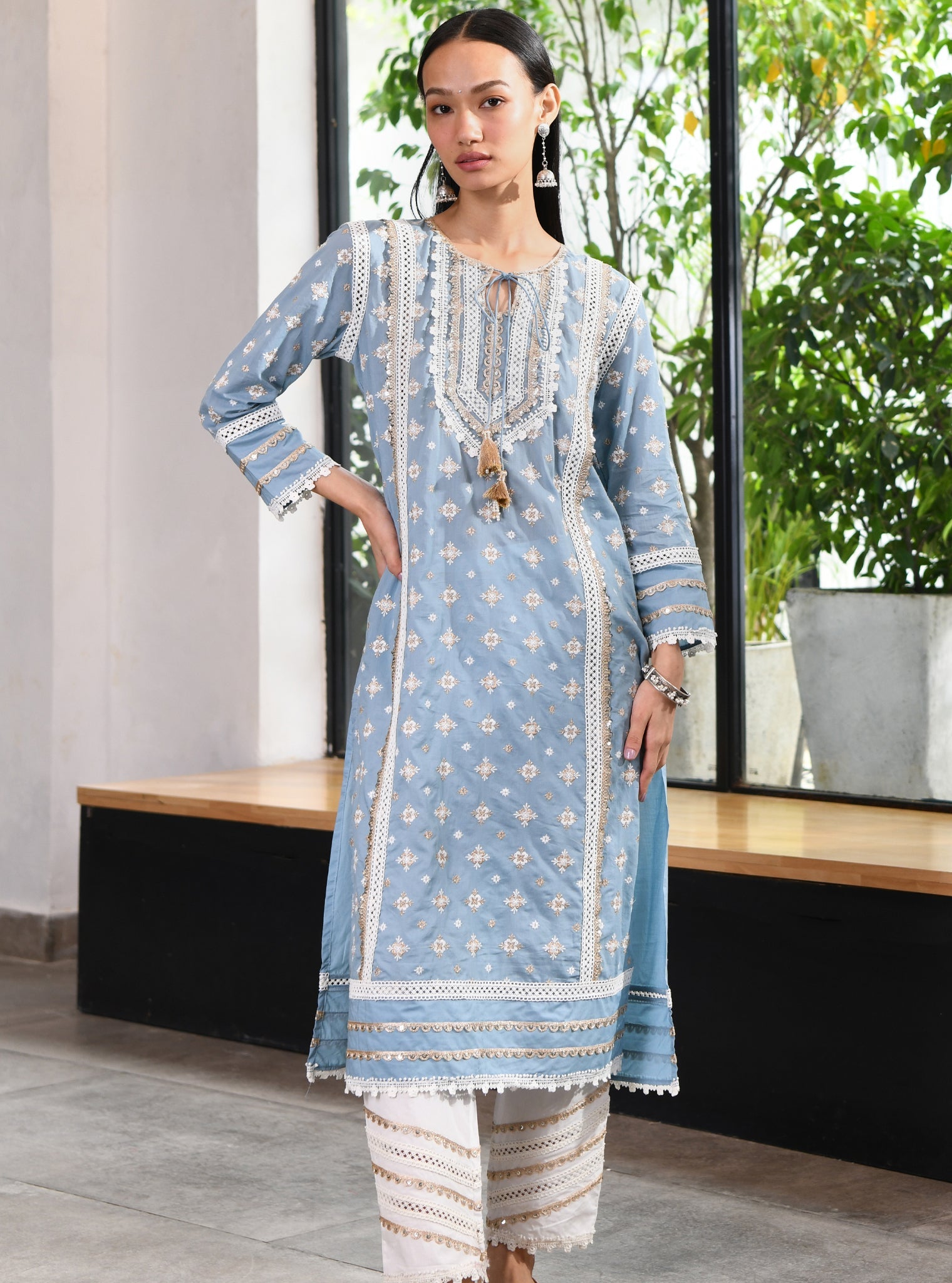 Mulmul Cotton Corey Teal Kurta With Mulmul Cotton Golden Sequins Gota White Pant