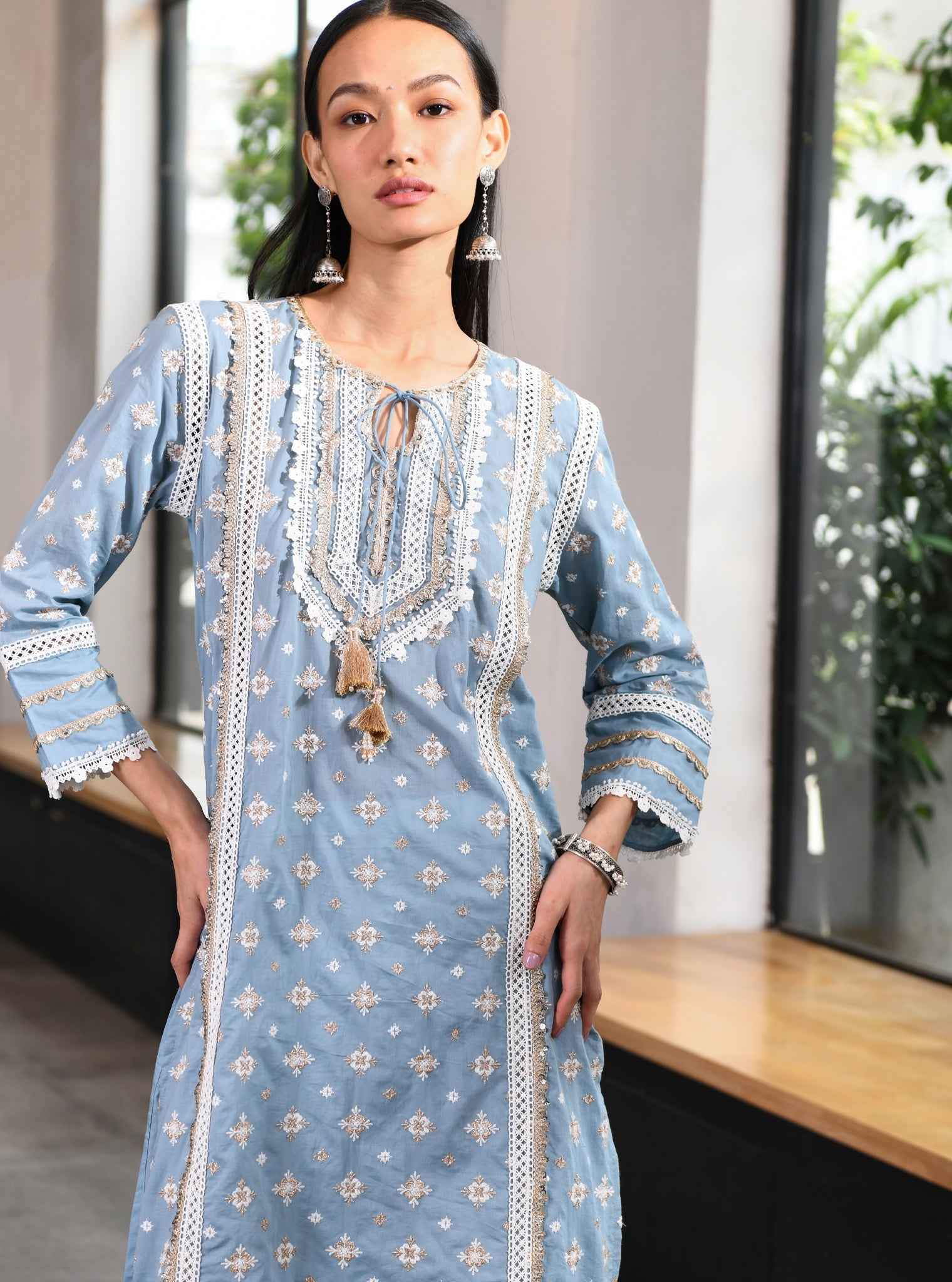 Mulmul Cotton Corey Teal Kurta With Mulmul Cotton Golden Sequins Gota White Pant