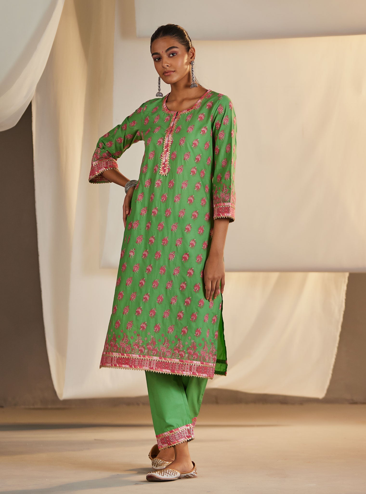 Mulmul Cotton Denise Green Kurta With Denise Green Pant