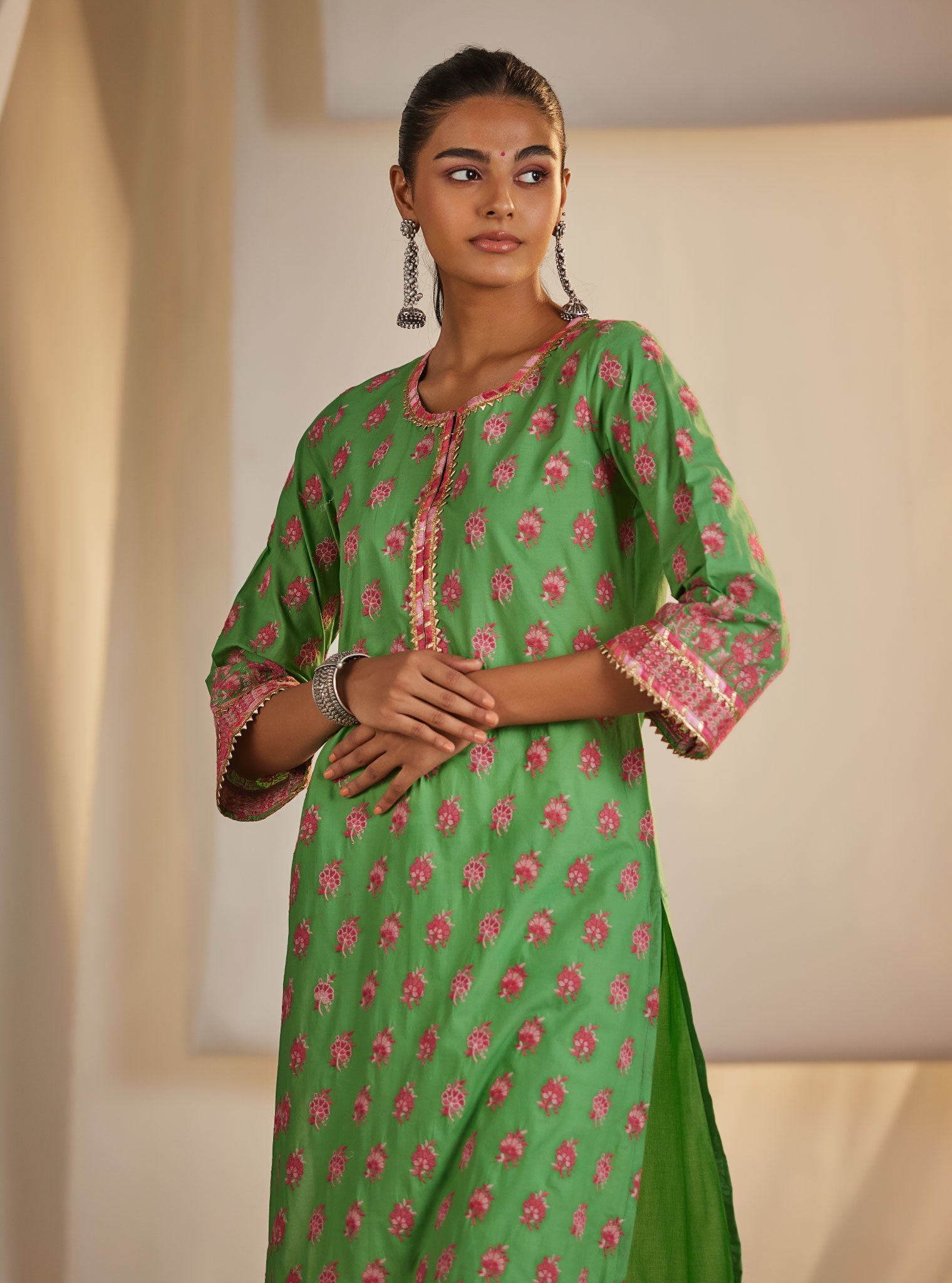 Mulmul Cotton Denise Green Kurta With Denise Green Pant