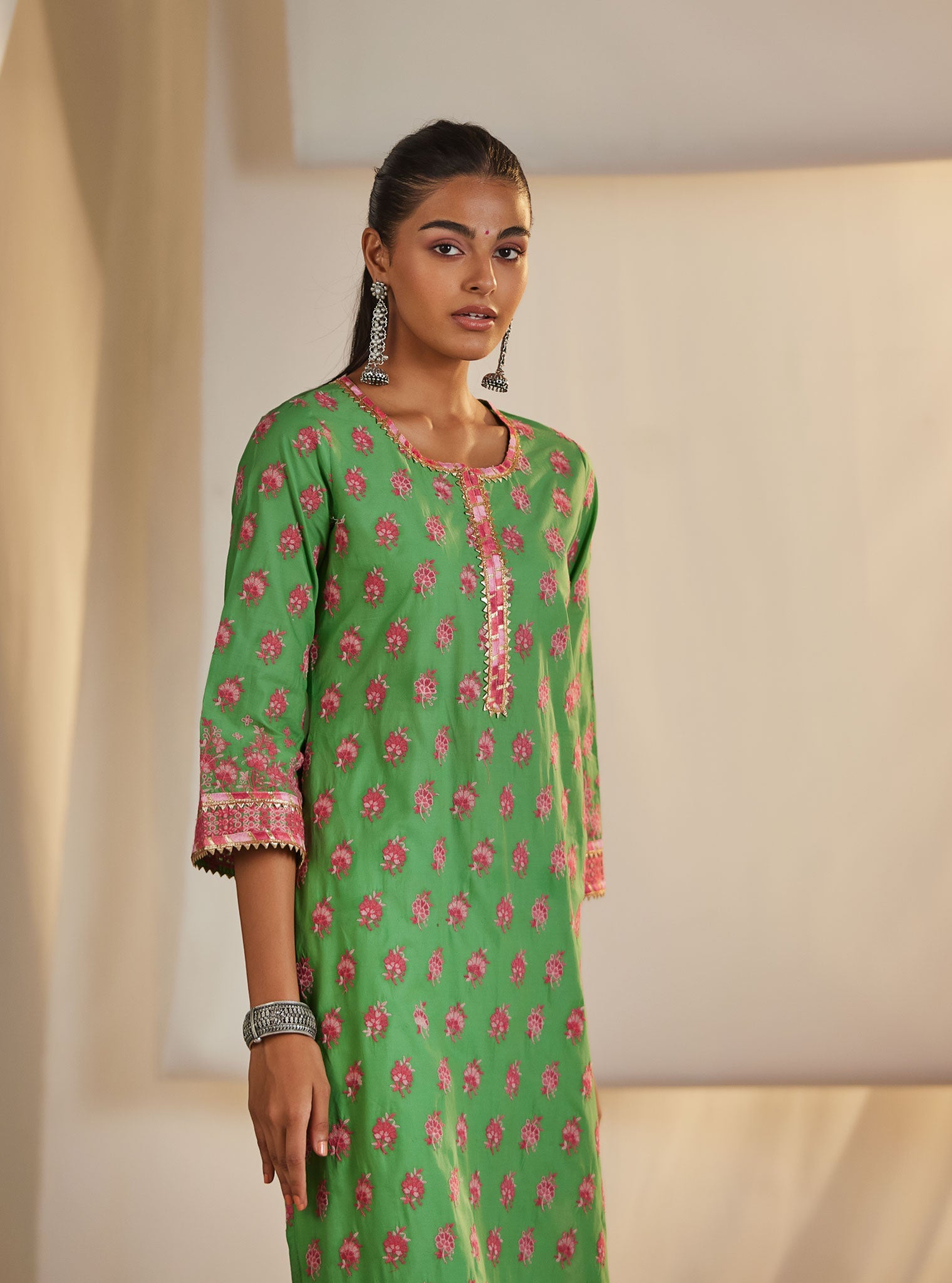 Mulmul Cotton Denise Green Kurta With Denise Green Pant