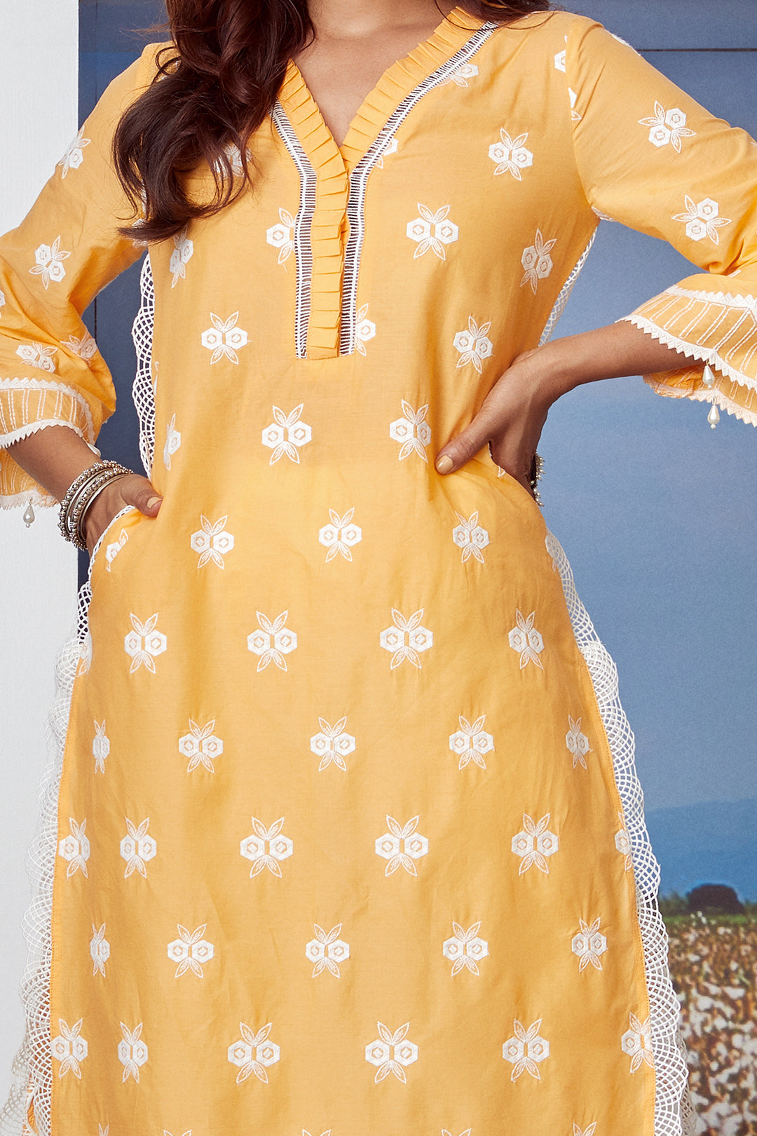 Mulmul Cotton Dawn Orange Kurta With Rounded Hem White Pyajama