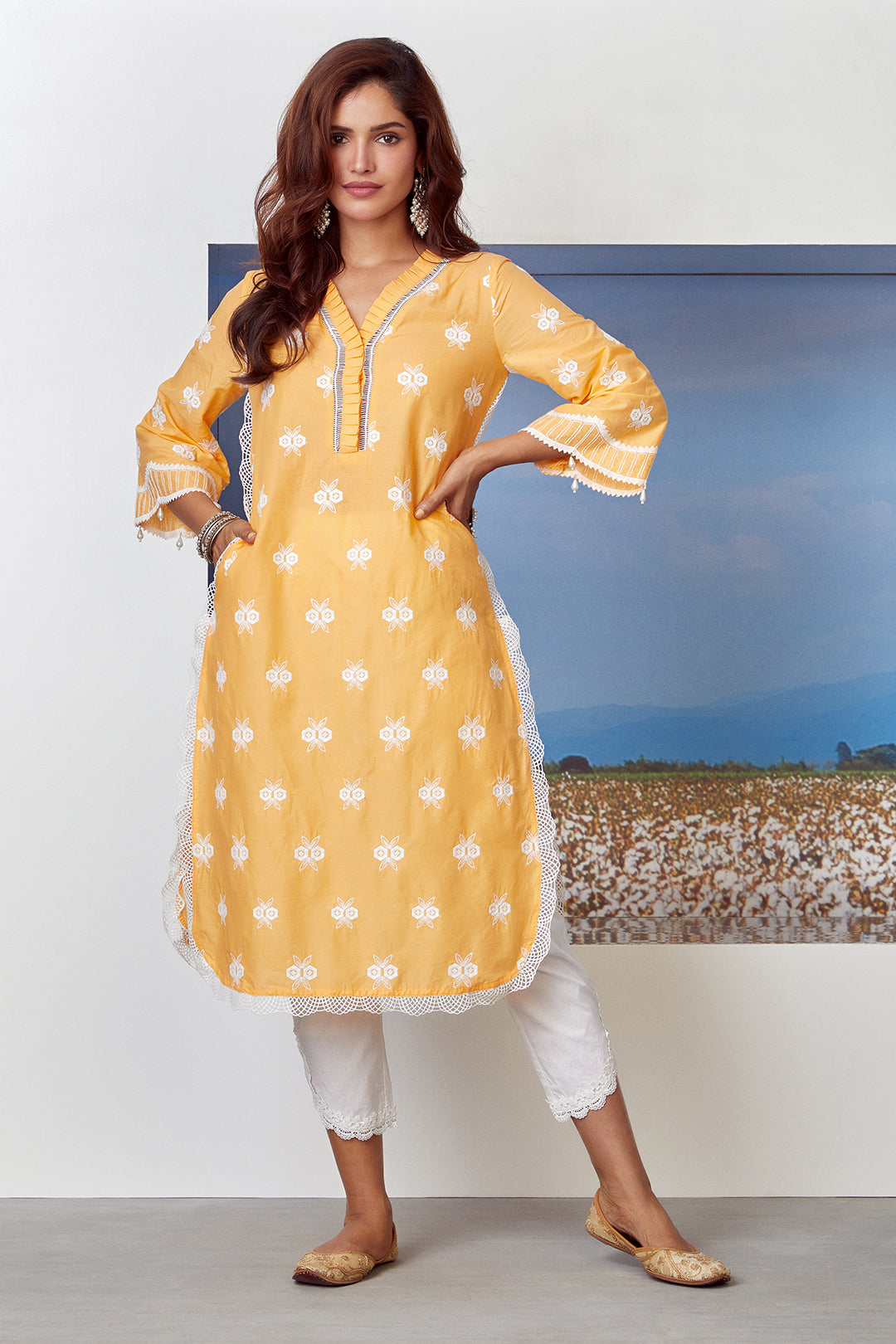 Mulmul Cotton Dawn Orange Kurta With Rounded Hem White Pyajama