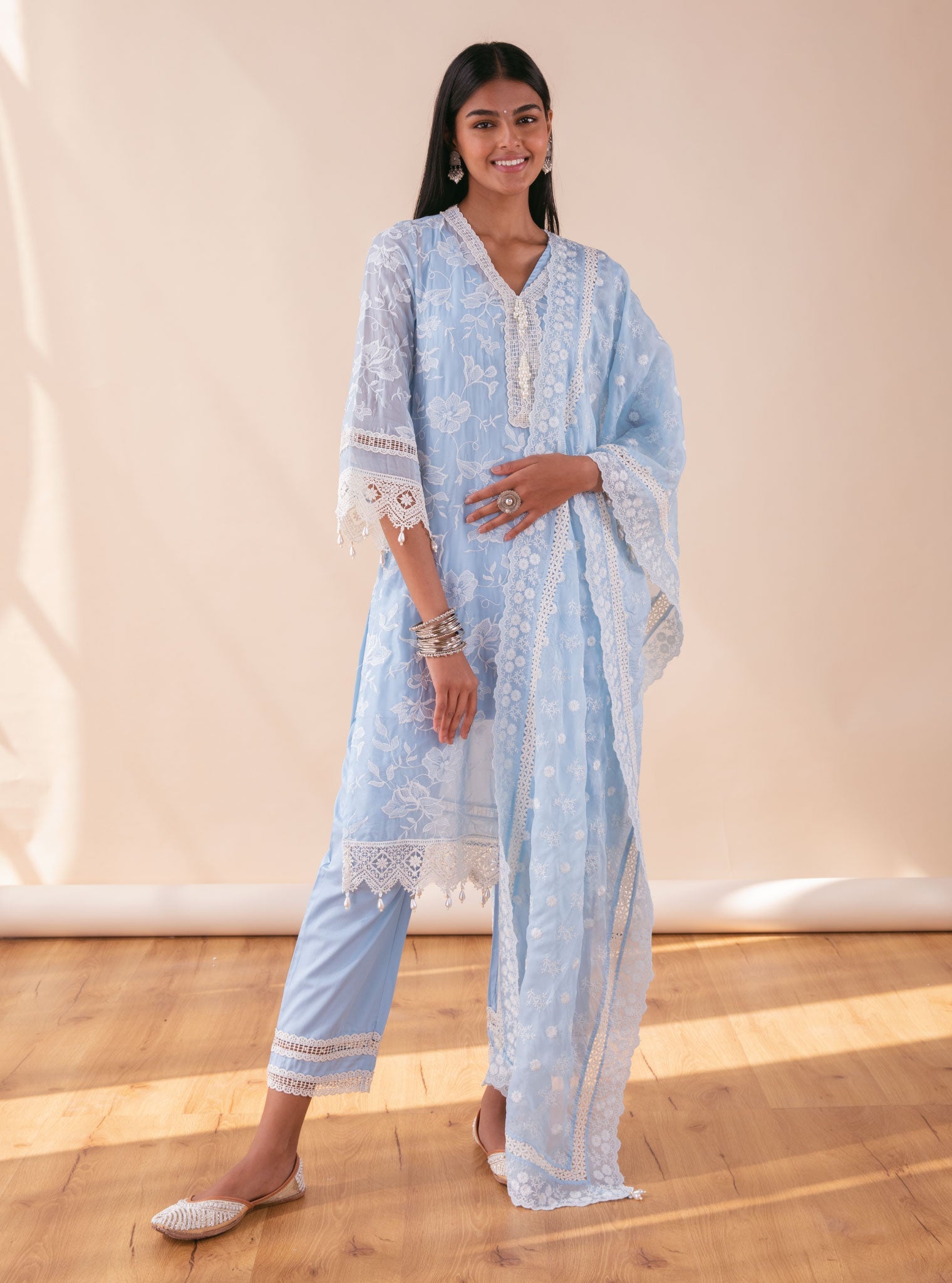 Mulmul Organza Delilah Blue Kurta With Pima Cotton Maisy Blue Pant