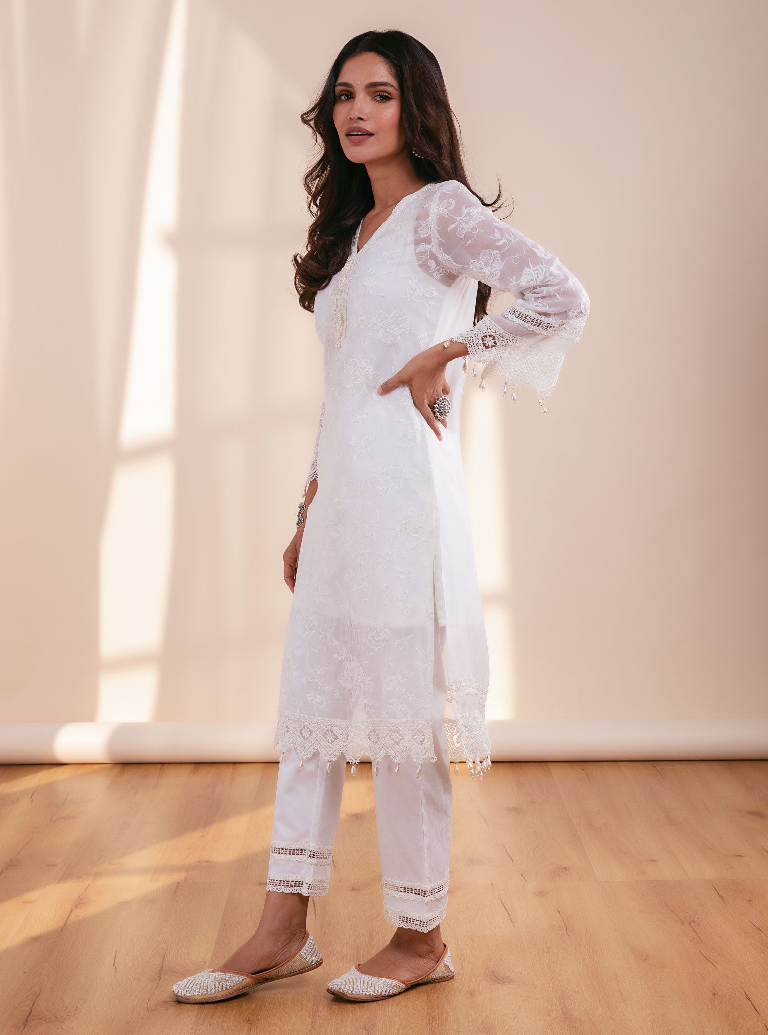 Mulmul Organza Delilah Off White Kurta With Pima Cotton Maisy Off White Pant