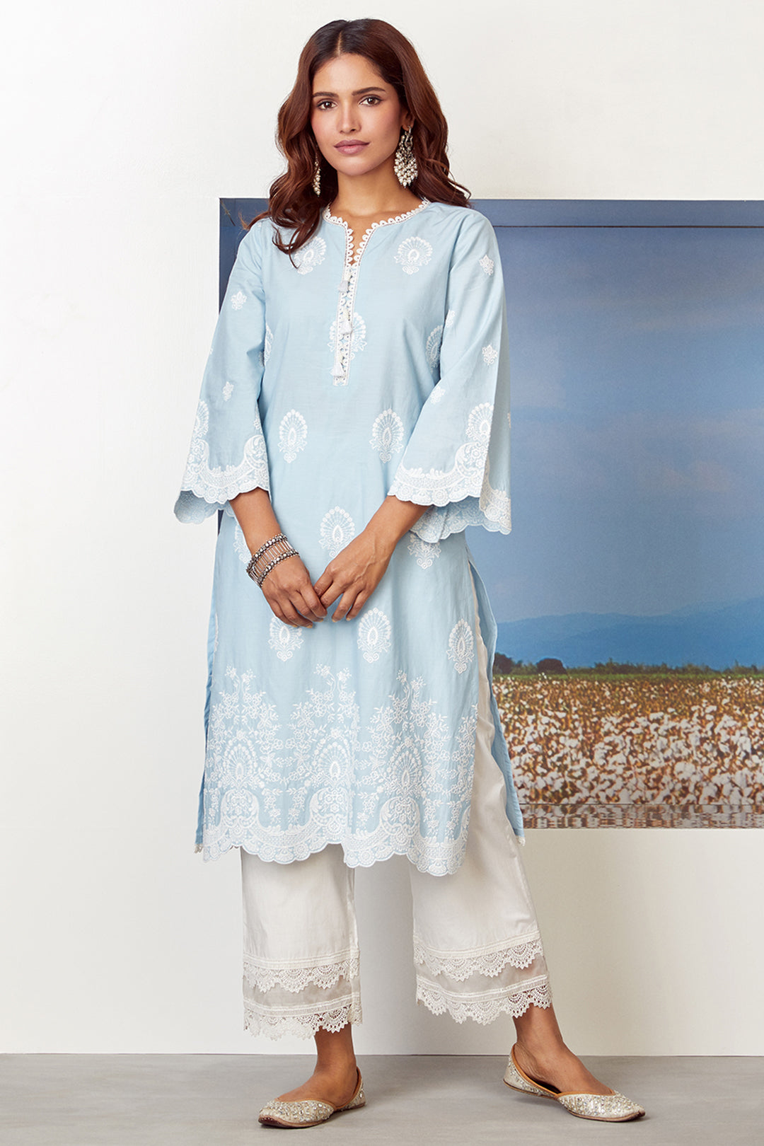 Mulmul Cotton Dreamscape Light Blue Kurta With Two Lace White Palazzo