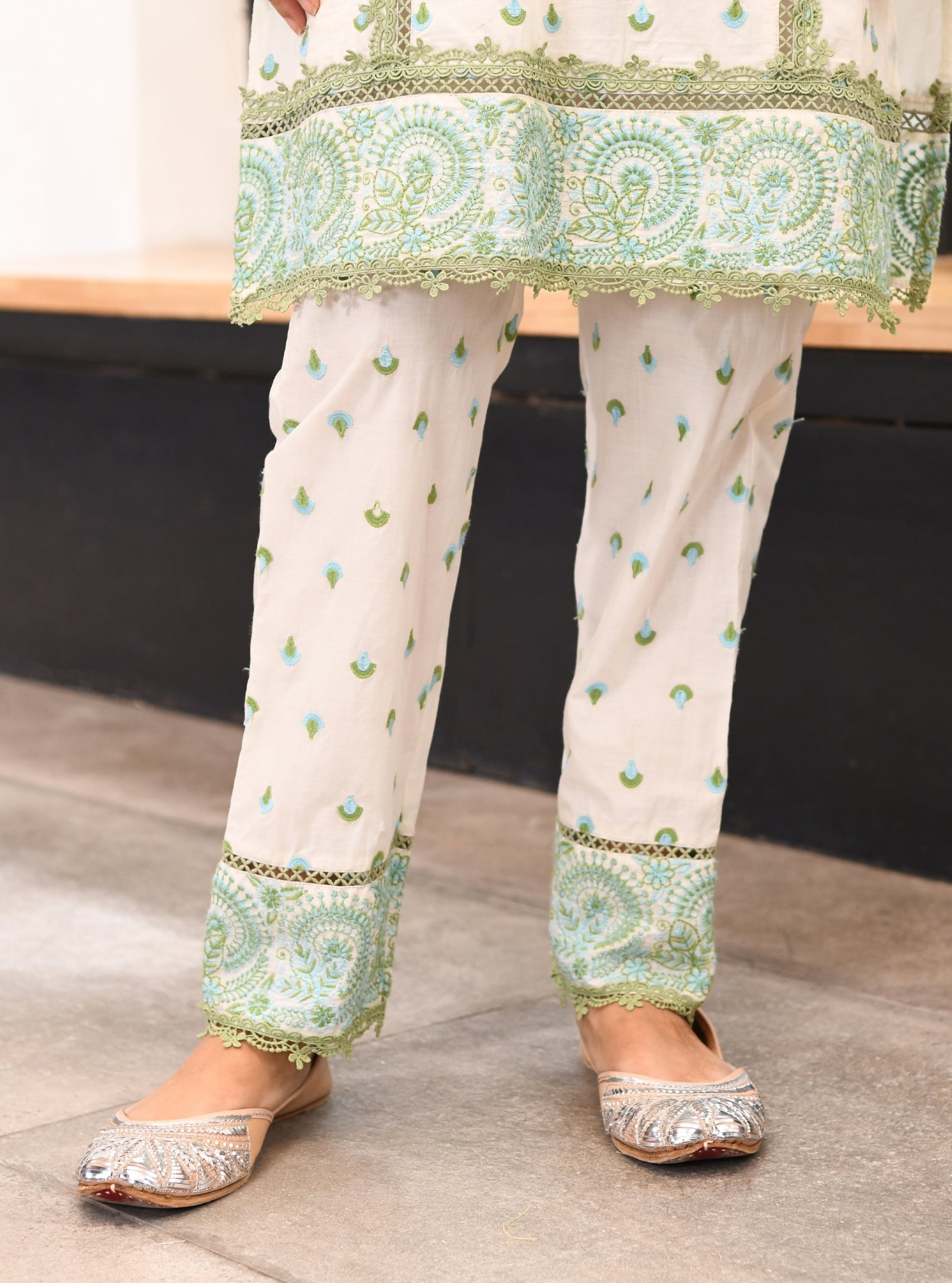 Mulmul Cotton Elsie Off White Kurta With Elsie Off White Pant