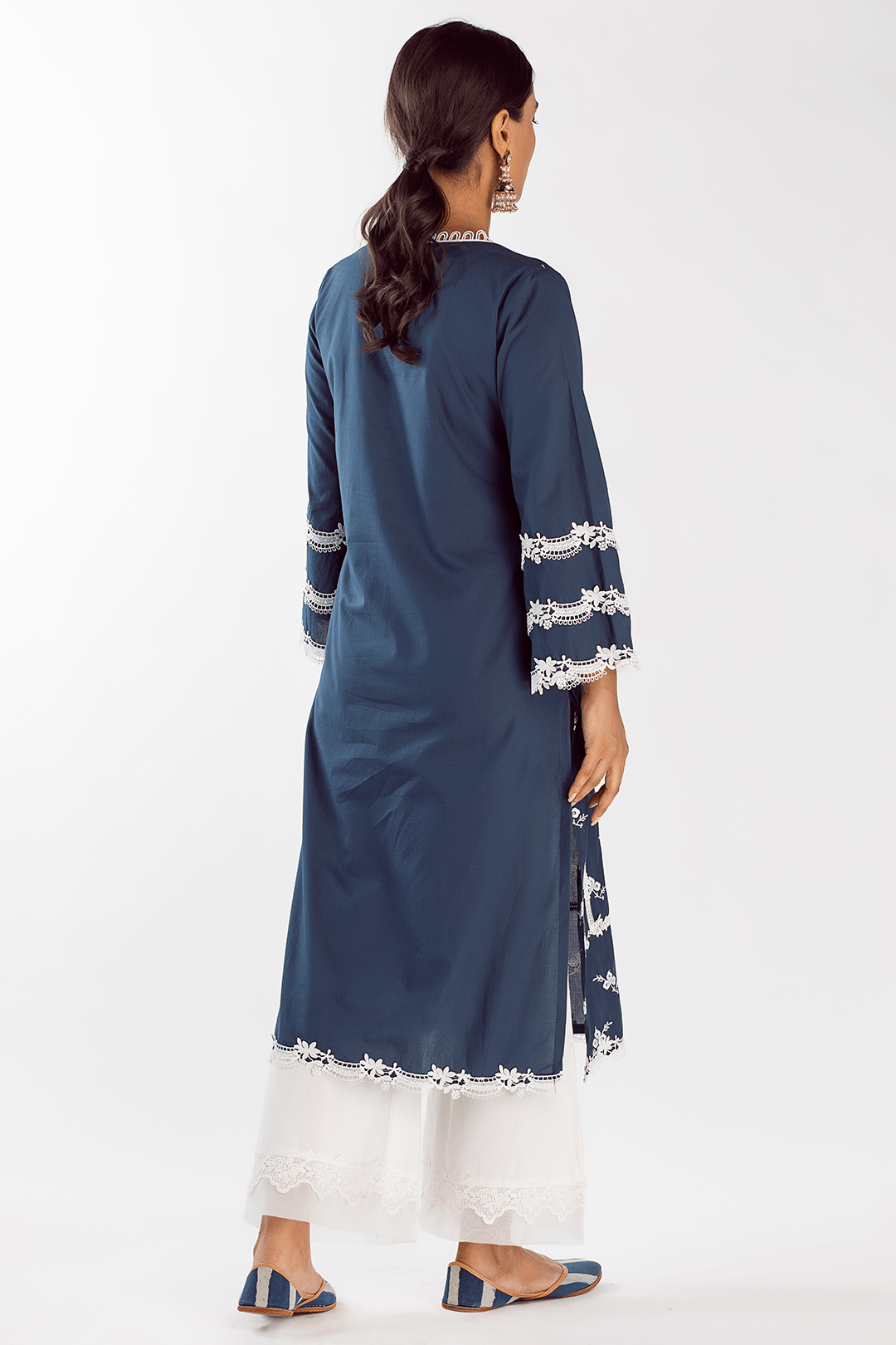 Mulmul Cotton Eternity Navy Kurta With Lace Bell Bottom White