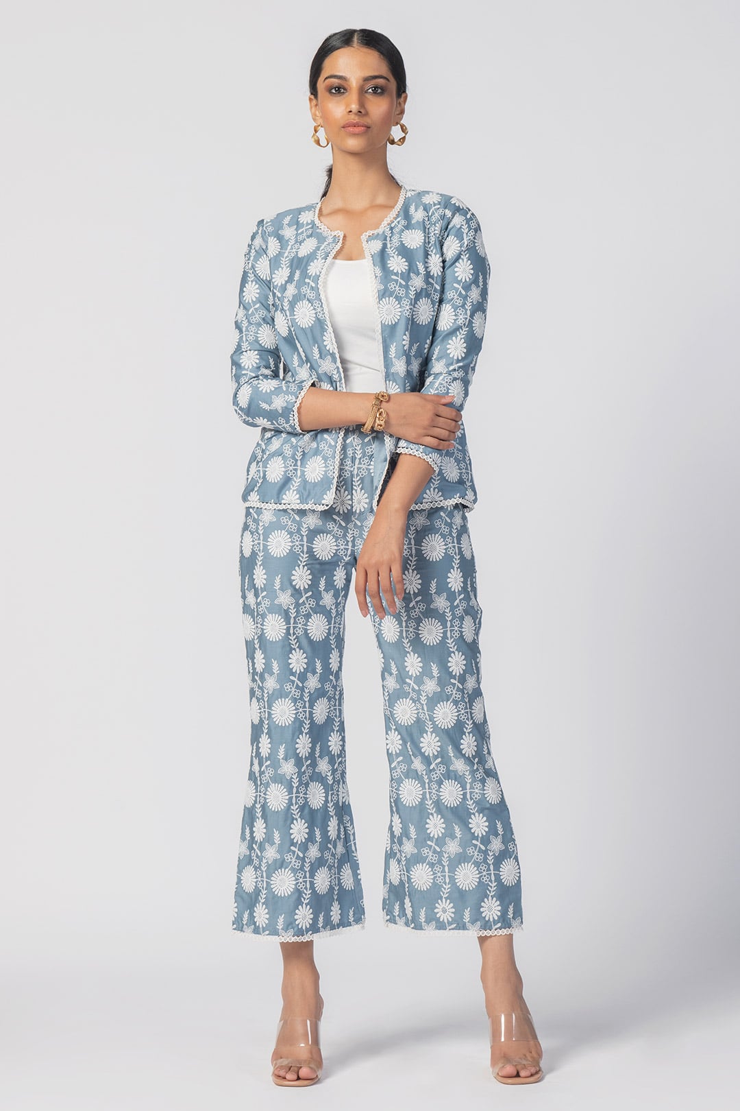 Mulmul Supima Cotton Ettie Blue Jacket With Ettie Blue Pant