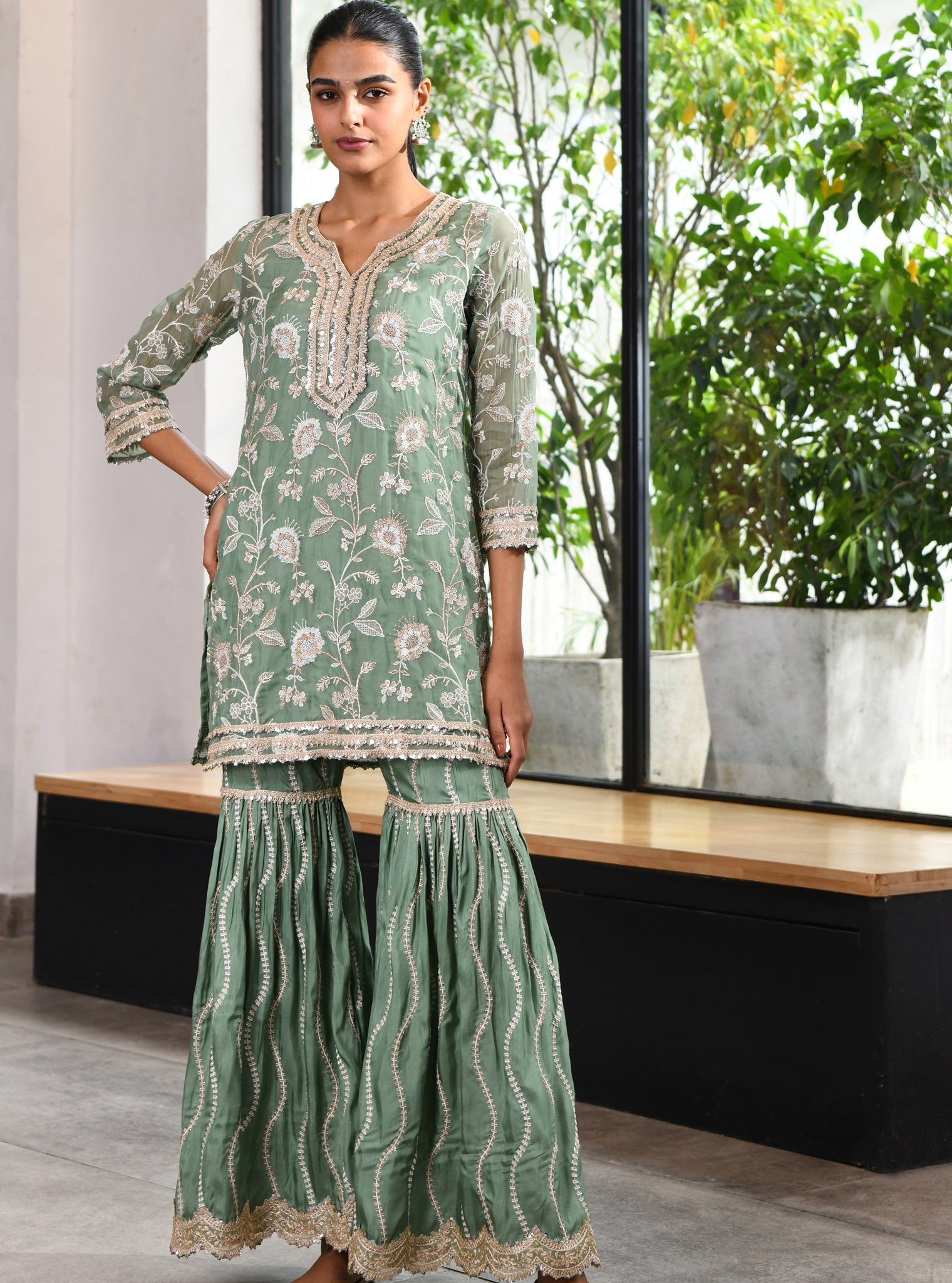 Mulmul Organza Evolet Green Kurta With Mulmul Silk Evolet Green Garara