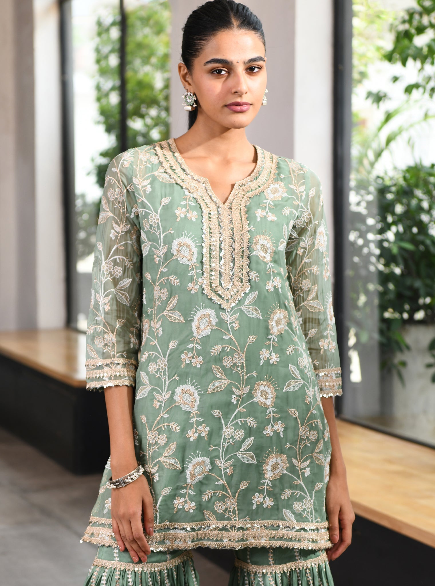 Mulmul Organza Evolet Green Kurta With Mulmul Silk Evolet Green Garara