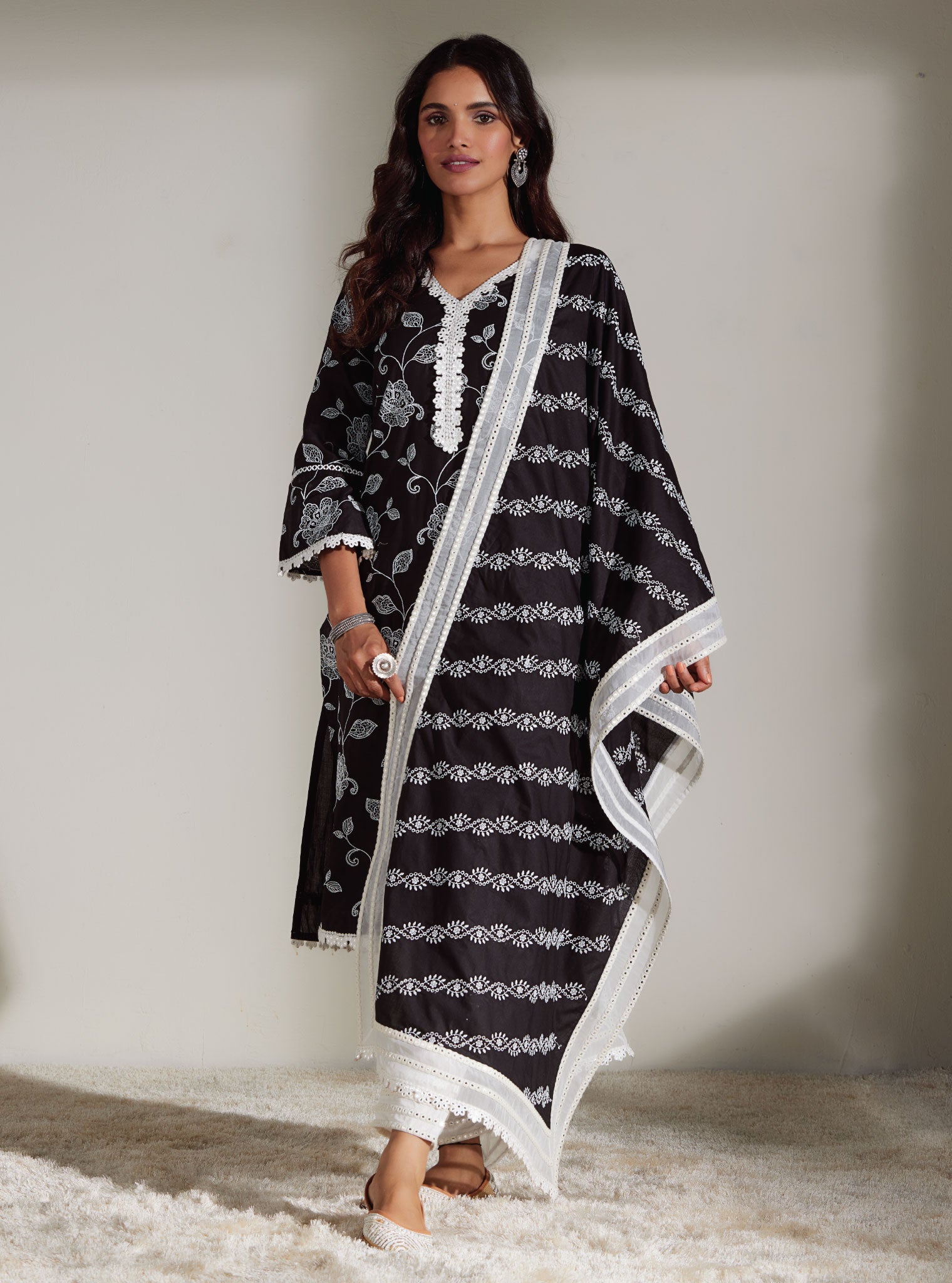 Mulmul Cotton Ezra Black Kurta With Mulmul Cotton Mirror Gota White Pant