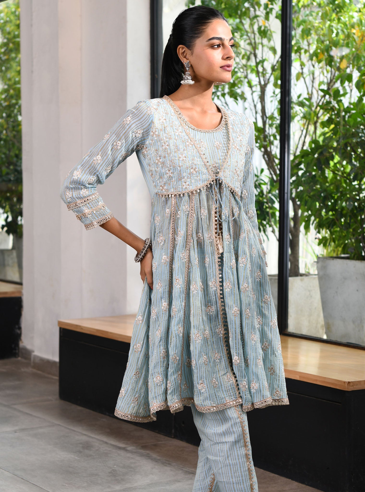 Mulmul Banarsi Finsbury Blue Short Anarkali Kurta With Finsbury Blue Dhoti Pant