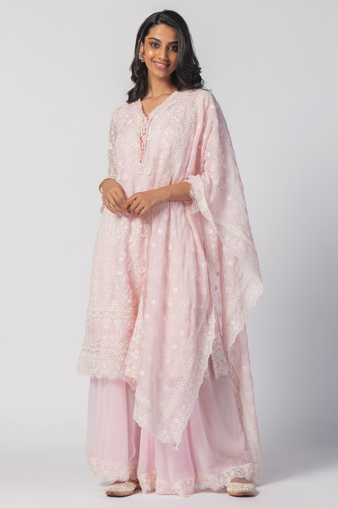 Mulmul Tencel Luxe Organza Fiona Kurta Pink With Viscose Fiona Sharara