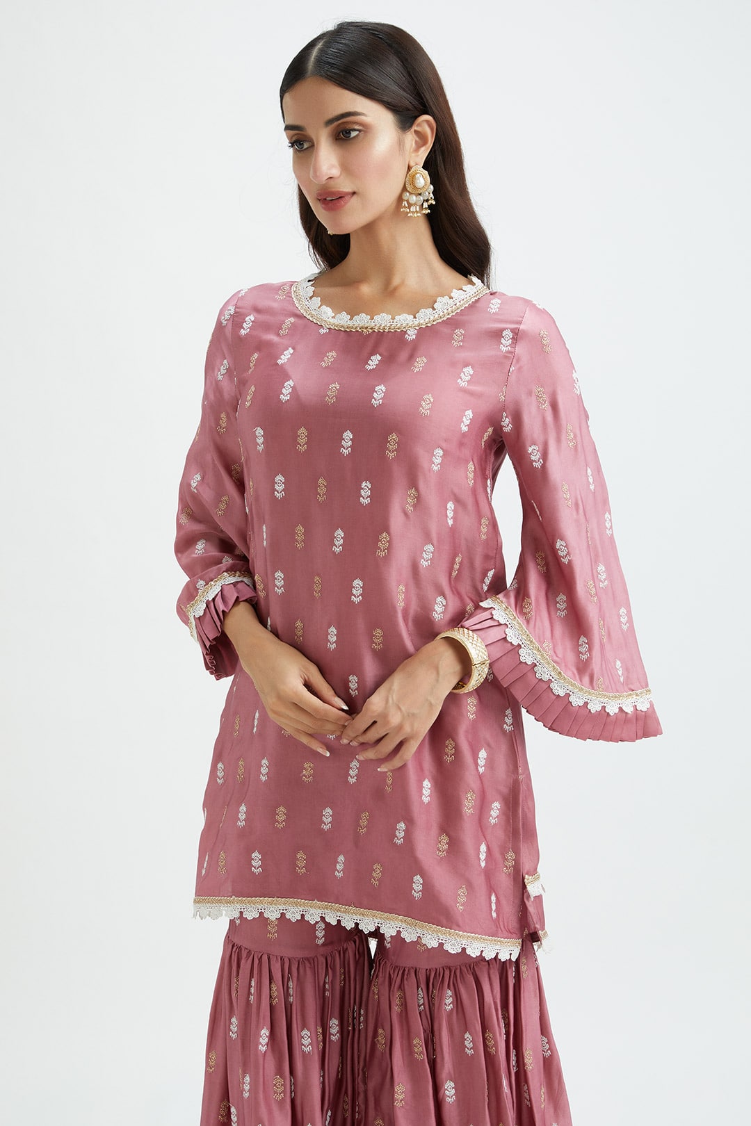 Mulmul Cupro Silk Florence Mauve Kurta With Florence Mauve Garara