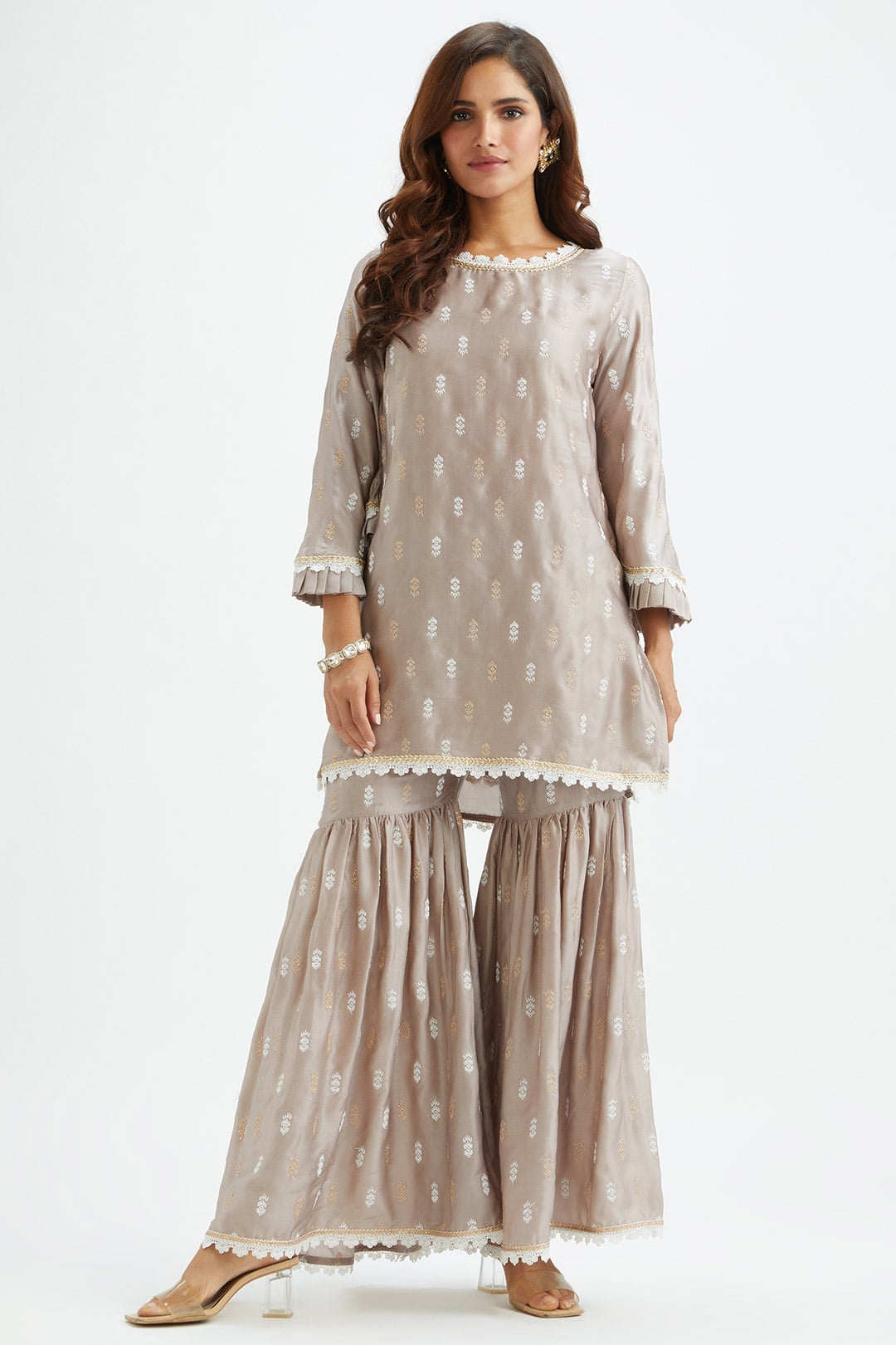 Mulmul Cupro Silk Florence Grey Kurta With Florence Dark Grey Garara