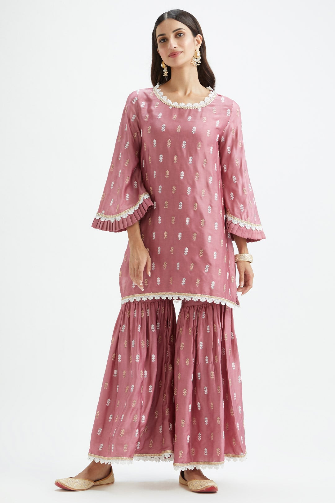 Mulmul Cupro Silk Florence Mauve Kurta With Florence Mauve Garara