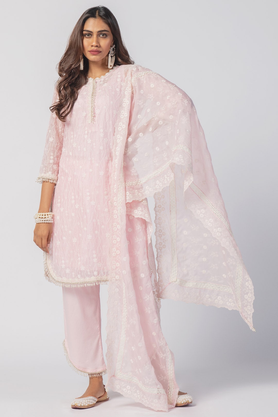 Mulmul Tencel Luxe Organza Freya Pink Kurta With Supima Cotton freya Round Hem Pink Pant