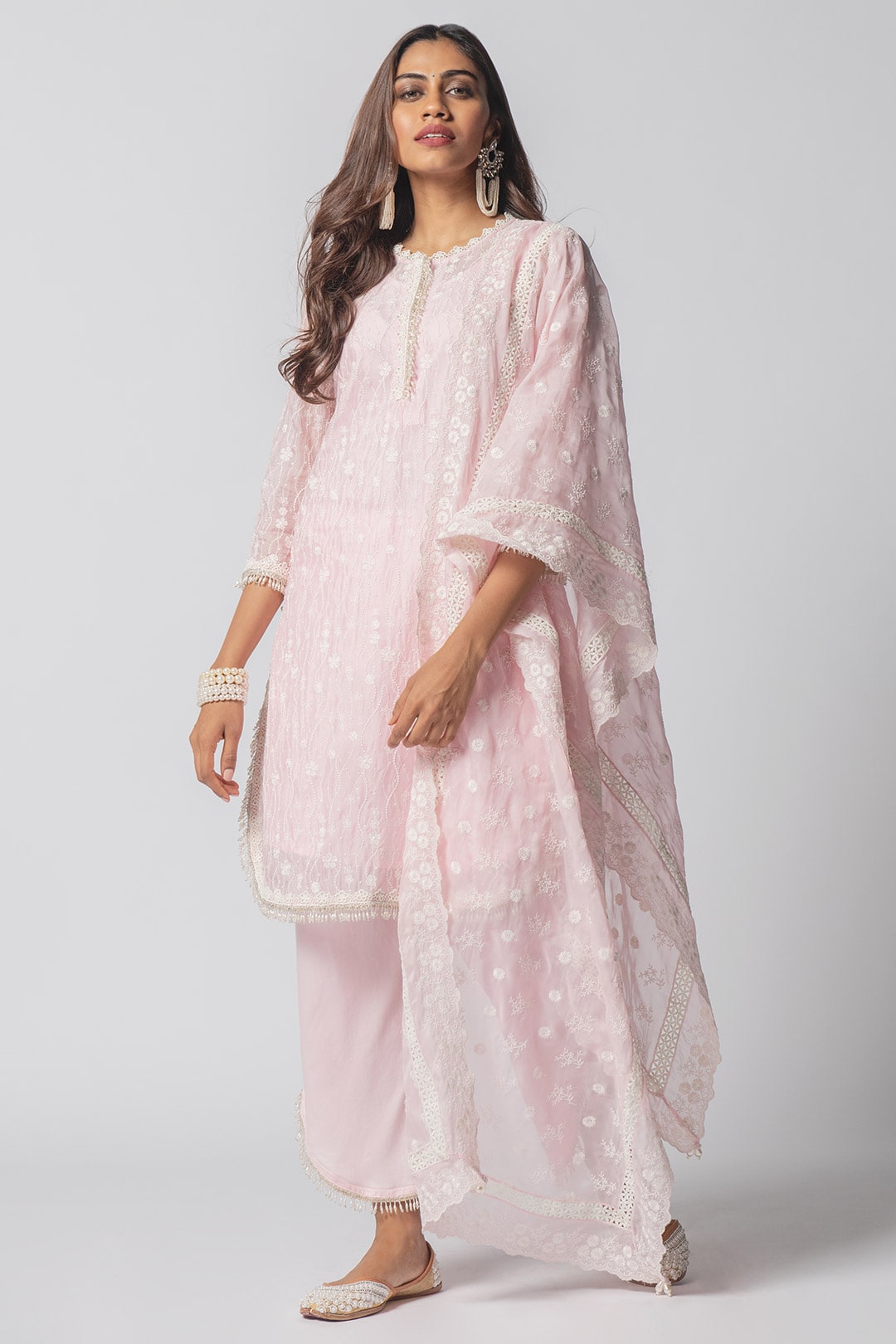 Mulmul Tencel Luxe Organza Freya Pink Kurta With Supima Cotton freya Round Hem Pink Pant