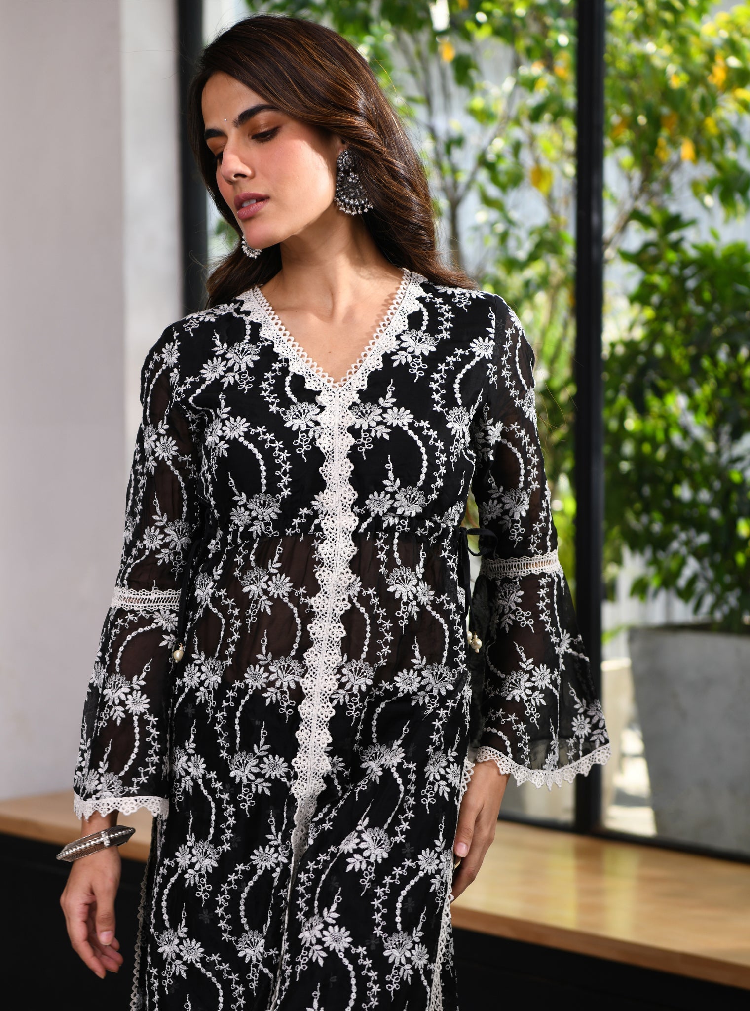 Mulmul Organza Gaia Black Kurta With Mulmul Pima Gaia Black Sharara