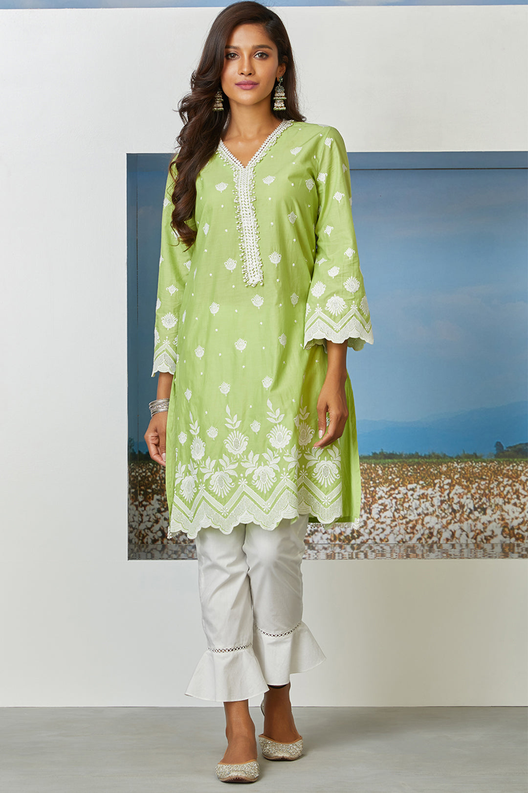 Mulmul Cotton Gardencress Lime Green Kurta With Umbrella Frill White Pyajama