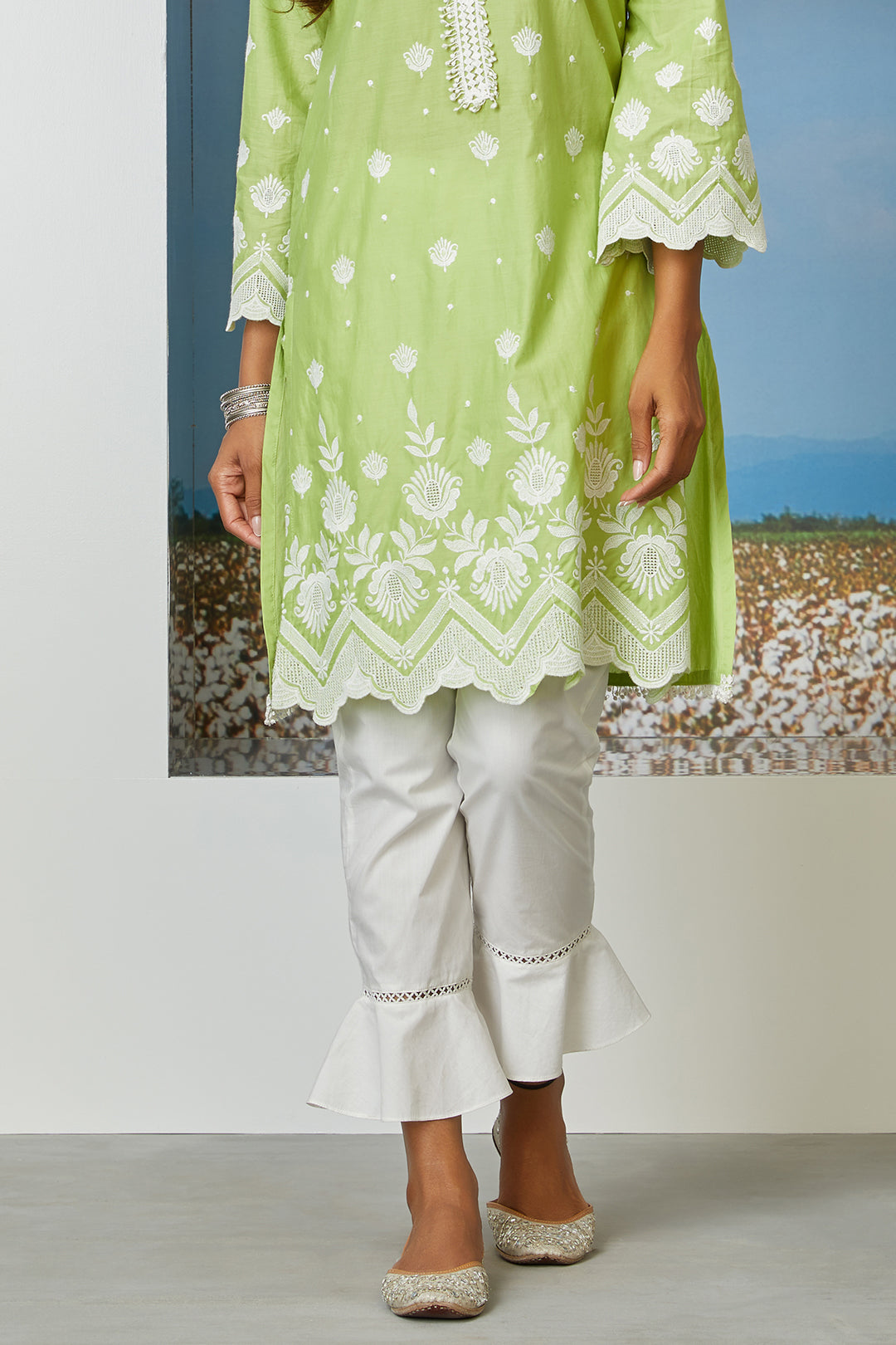 Mulmul Cotton Gardencress Lime Green Kurta With Umbrella Frill White Pyajama