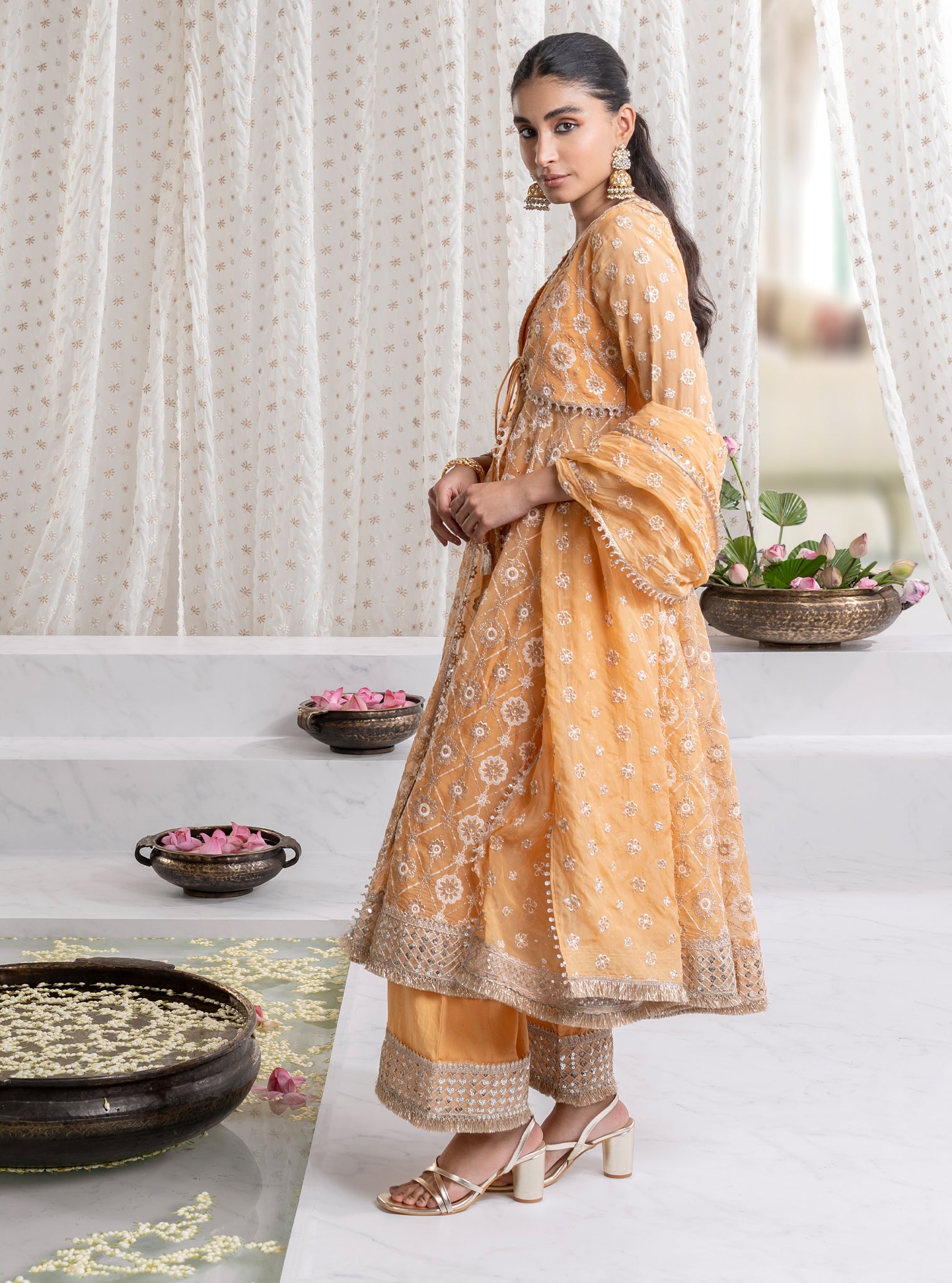 Mulmul Organza Ghoomar Anarkali Orange Kurta with Mulmul Pima Ghoomar Orange Pant