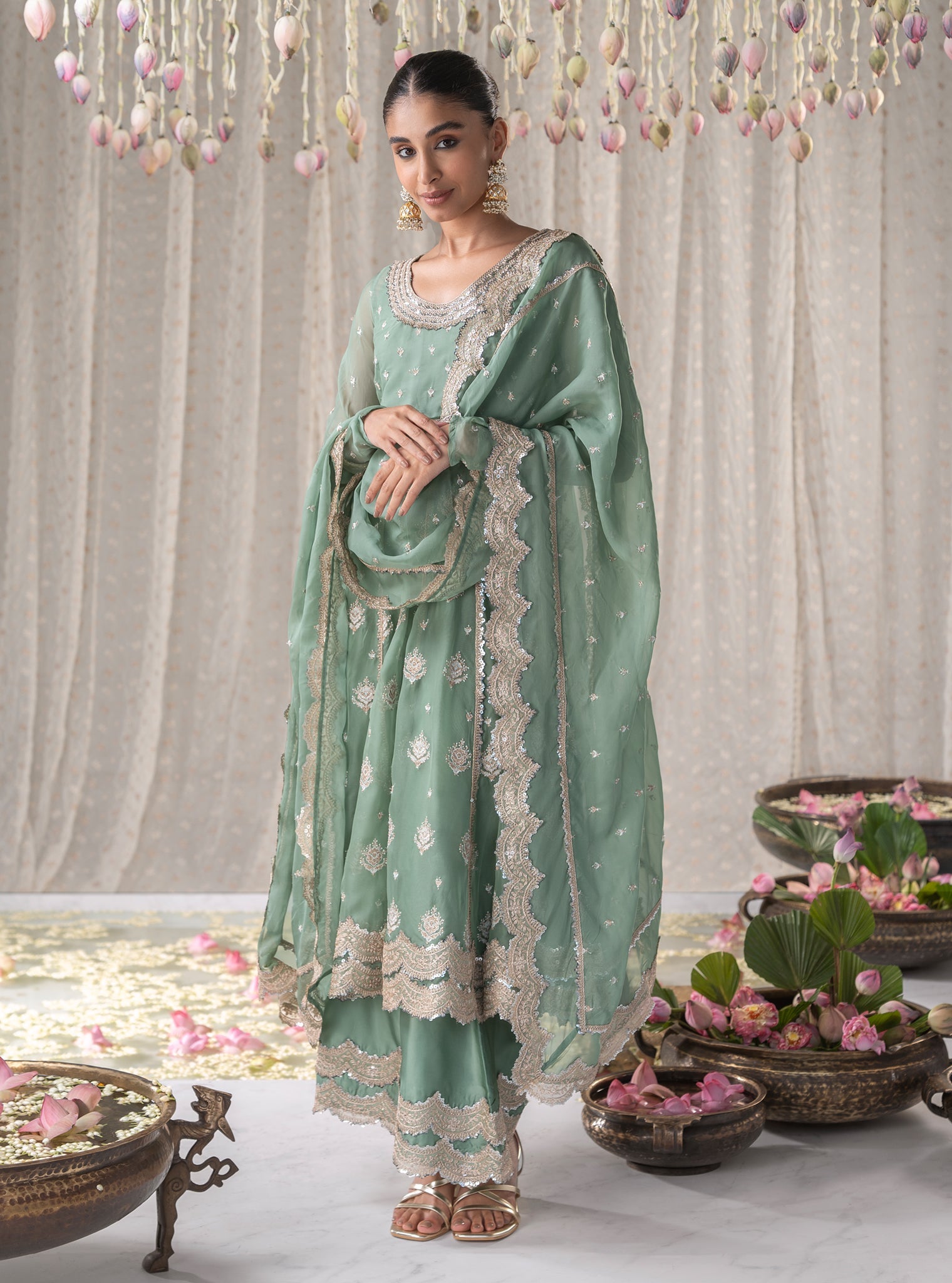 Mulmul Organza Gulabo Green Anarkali Kurta With Mulmul Cupro Gulabo Green pant