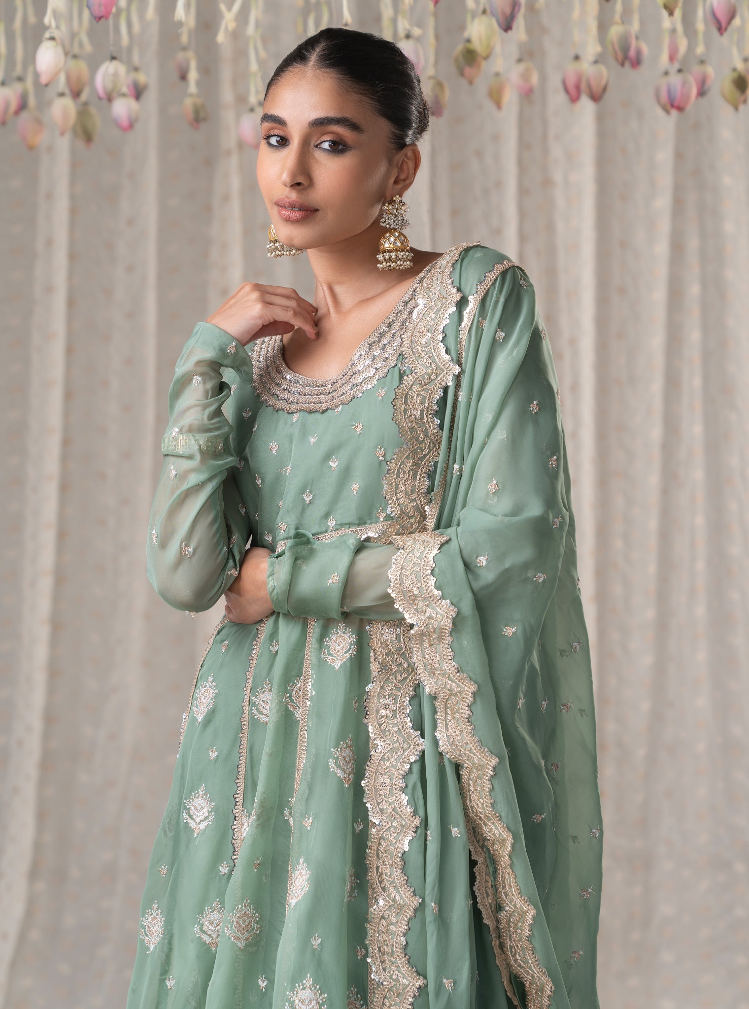 Mulmul Organza Gulabo Green Anarkali Kurta With Mulmul Cupro Gulabo Green pant