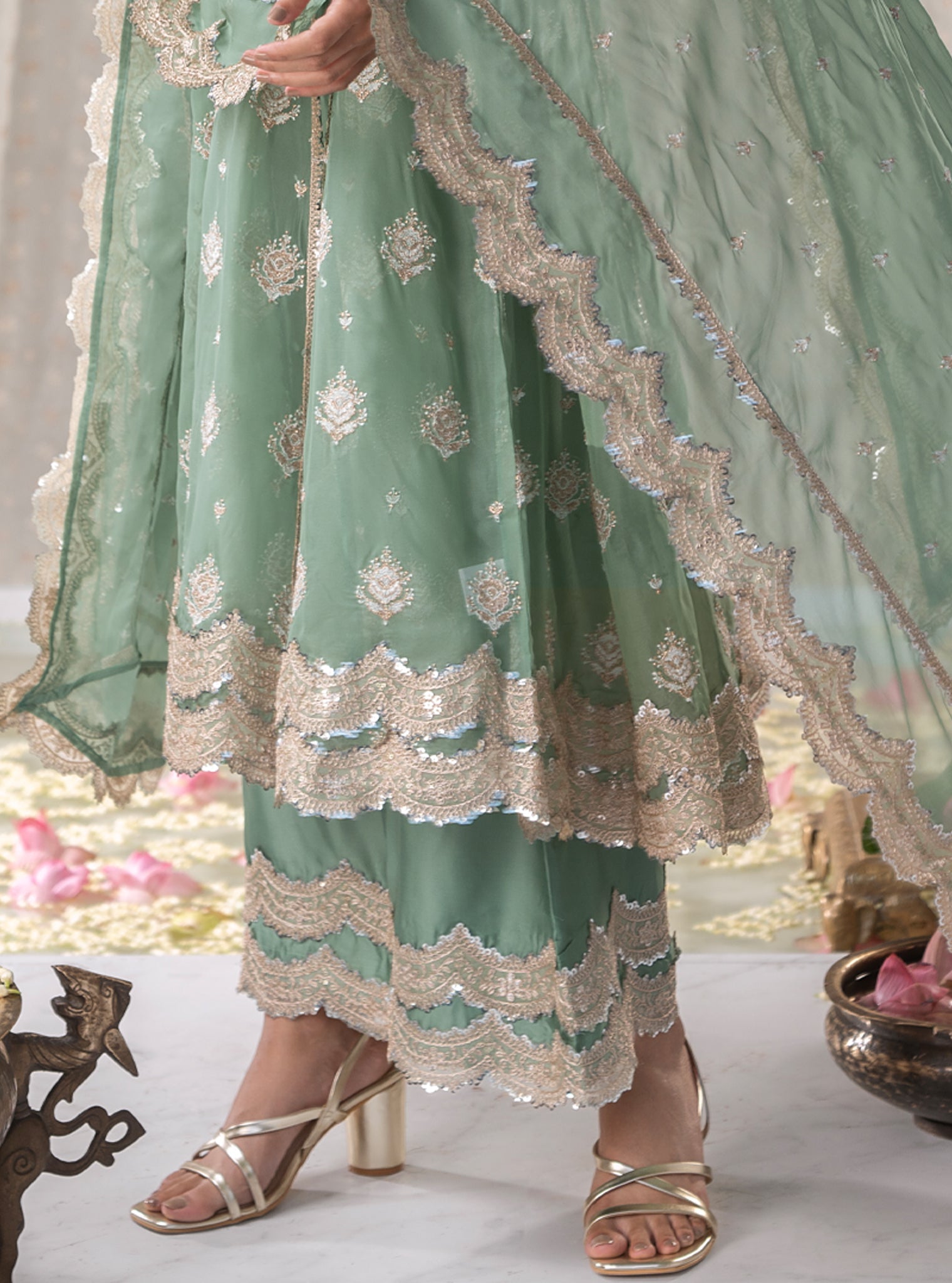 Mulmul Organza Gulabo Green Anarkali Kurta With Mulmul Cupro Gulabo Green pant