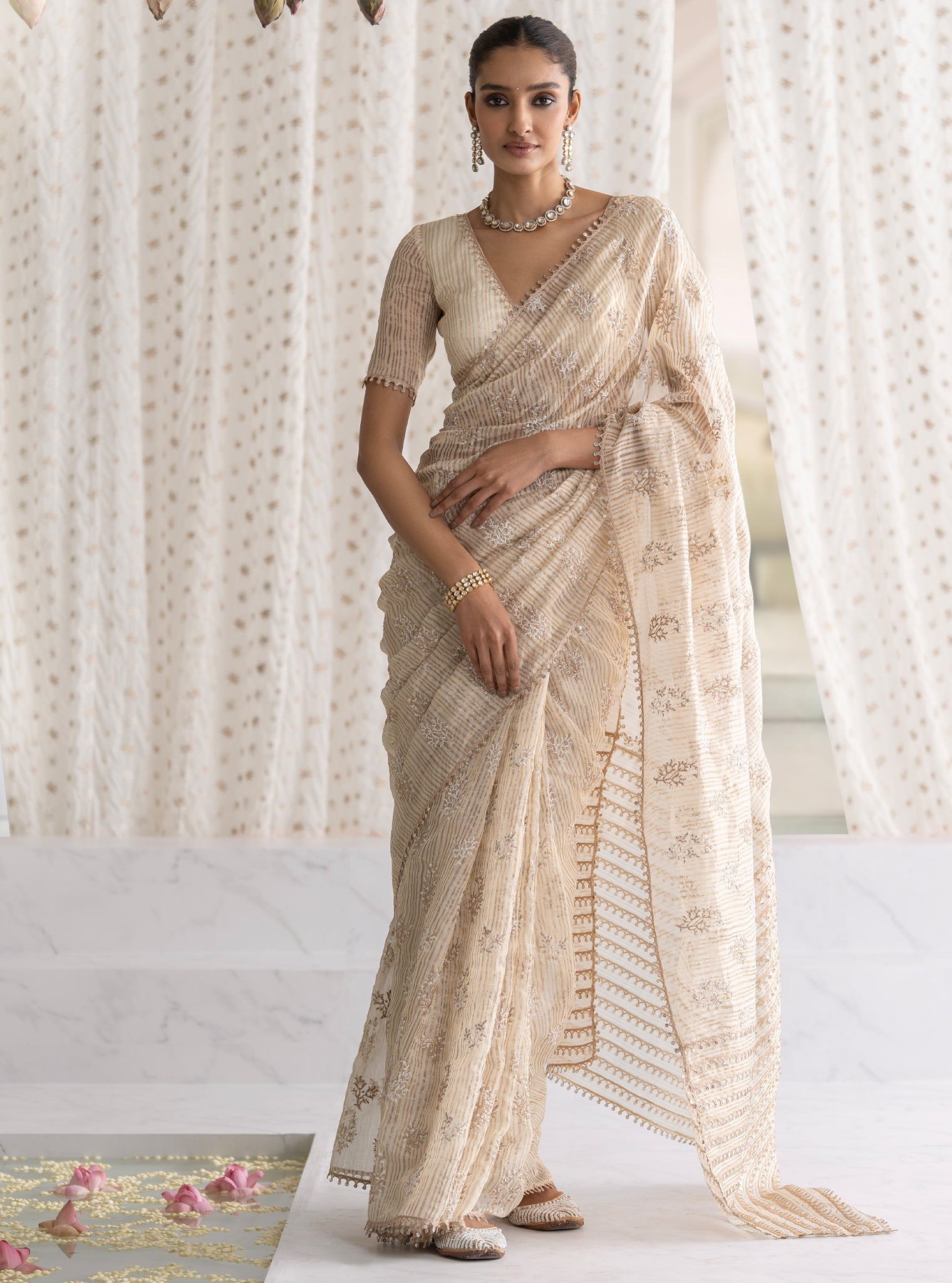 Mulmul Banarsi Gulbahar Off White Saree