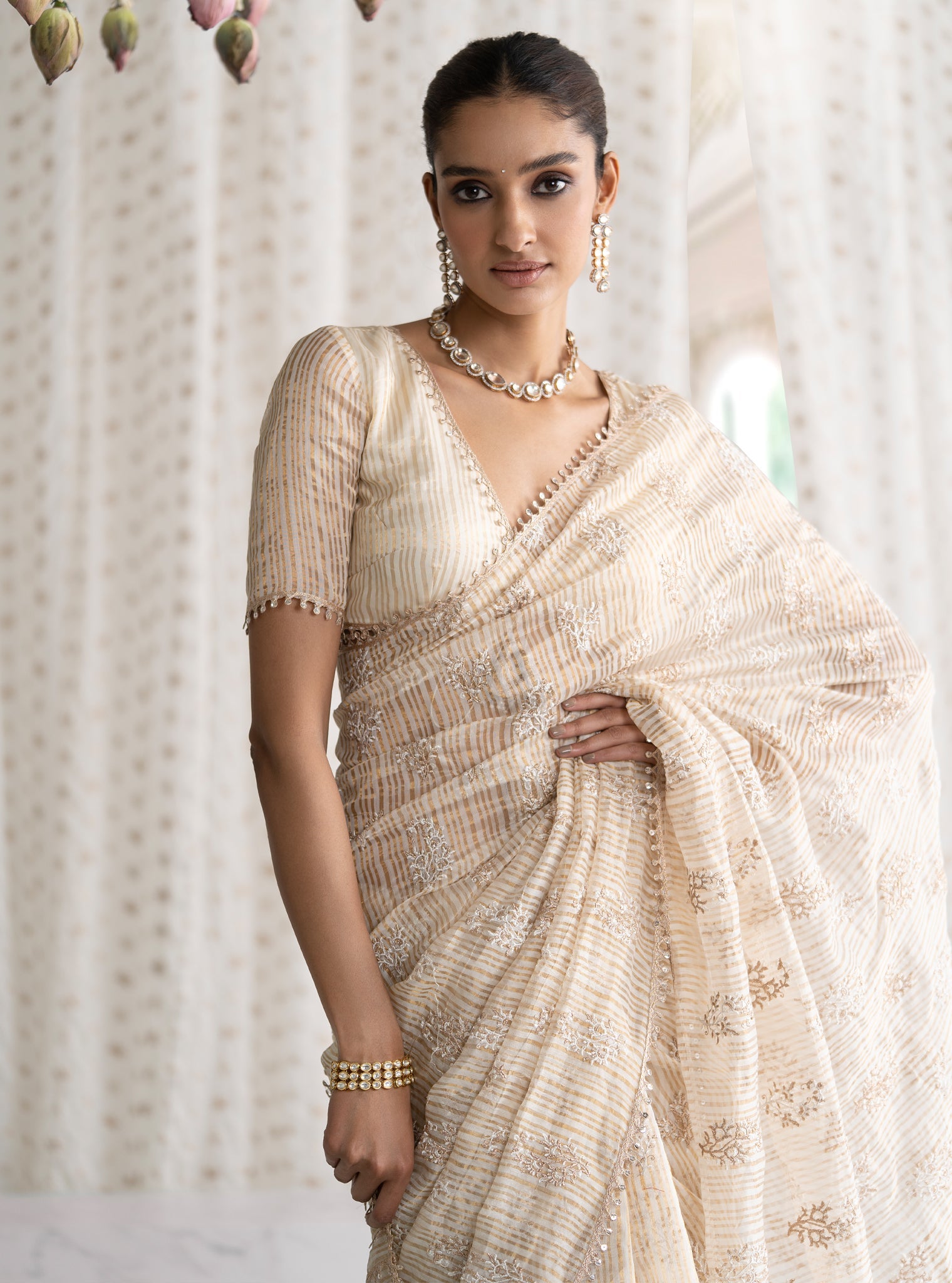 Mulmul Banarsi Gulbahar Off White Saree