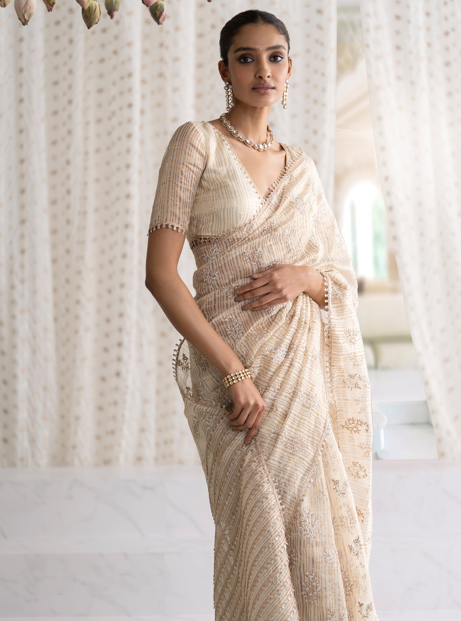 Mulmul Banarsi Gulbahar Off White Saree