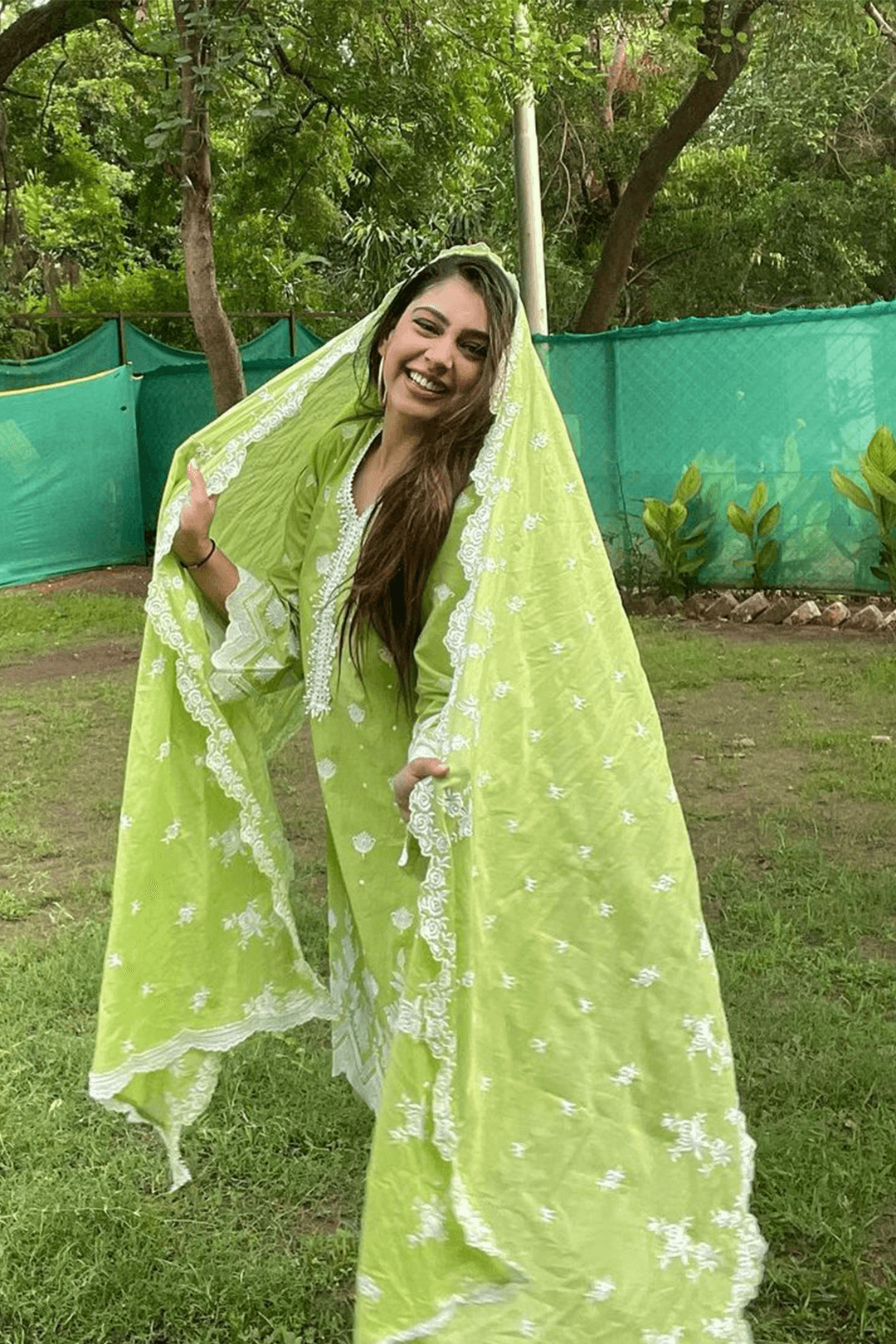 Mulmul Cotton Gardencress Lime Green Kurta With Umbrella Frill White Pyajama