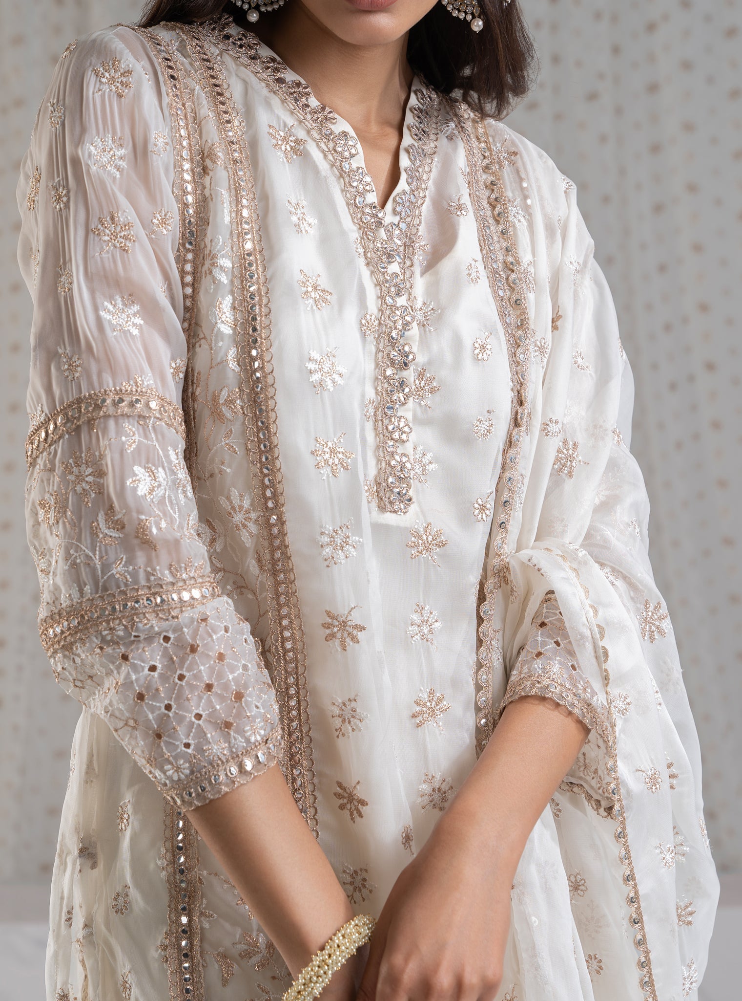 Mulmul Organza Ilahi Off White Kurta With Mulmul Pima Ilahi Off White Pant