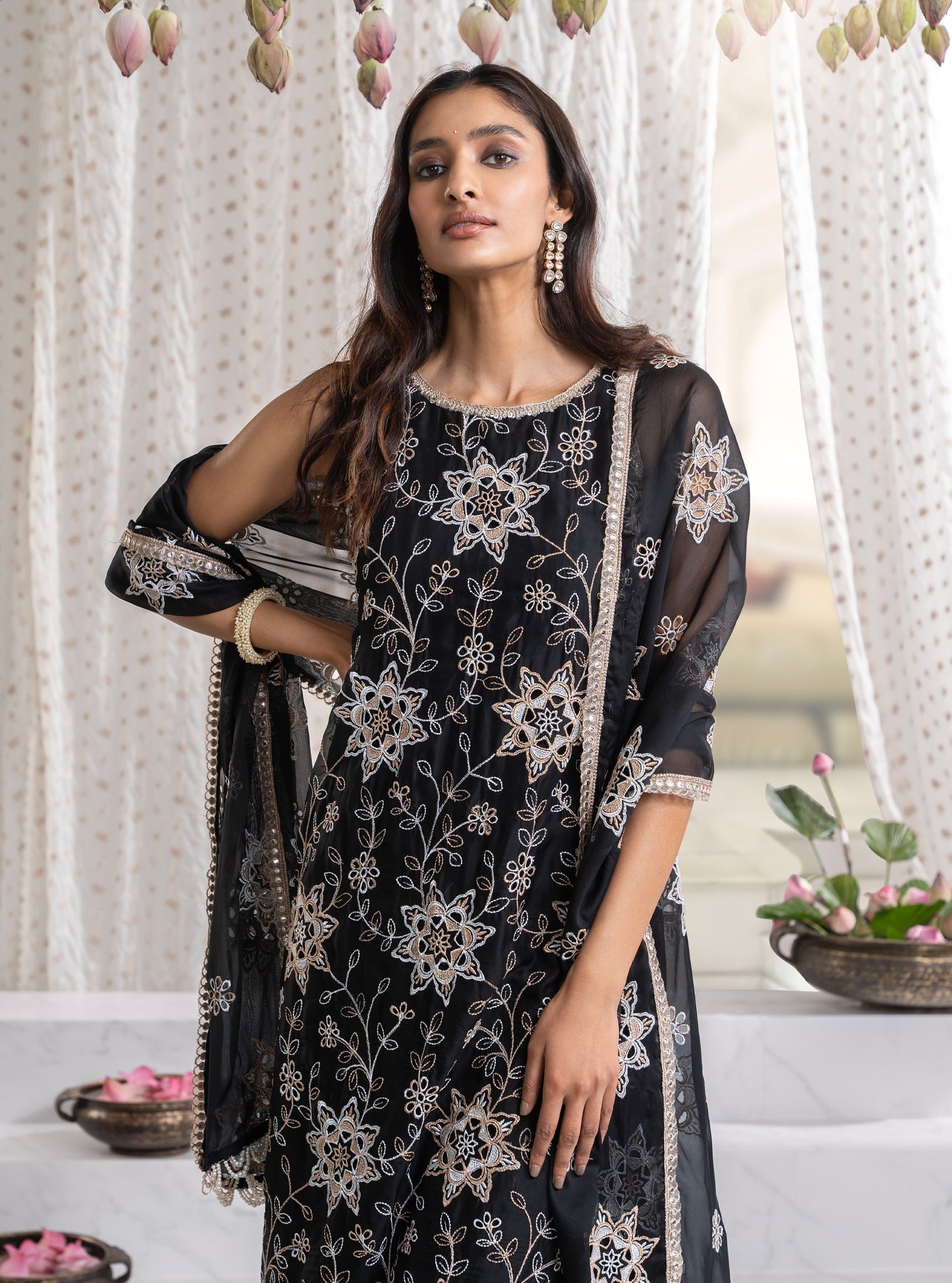 Mulmul Organza Jugni Black Kurta With Mulmul Pima Jugni Black Pant