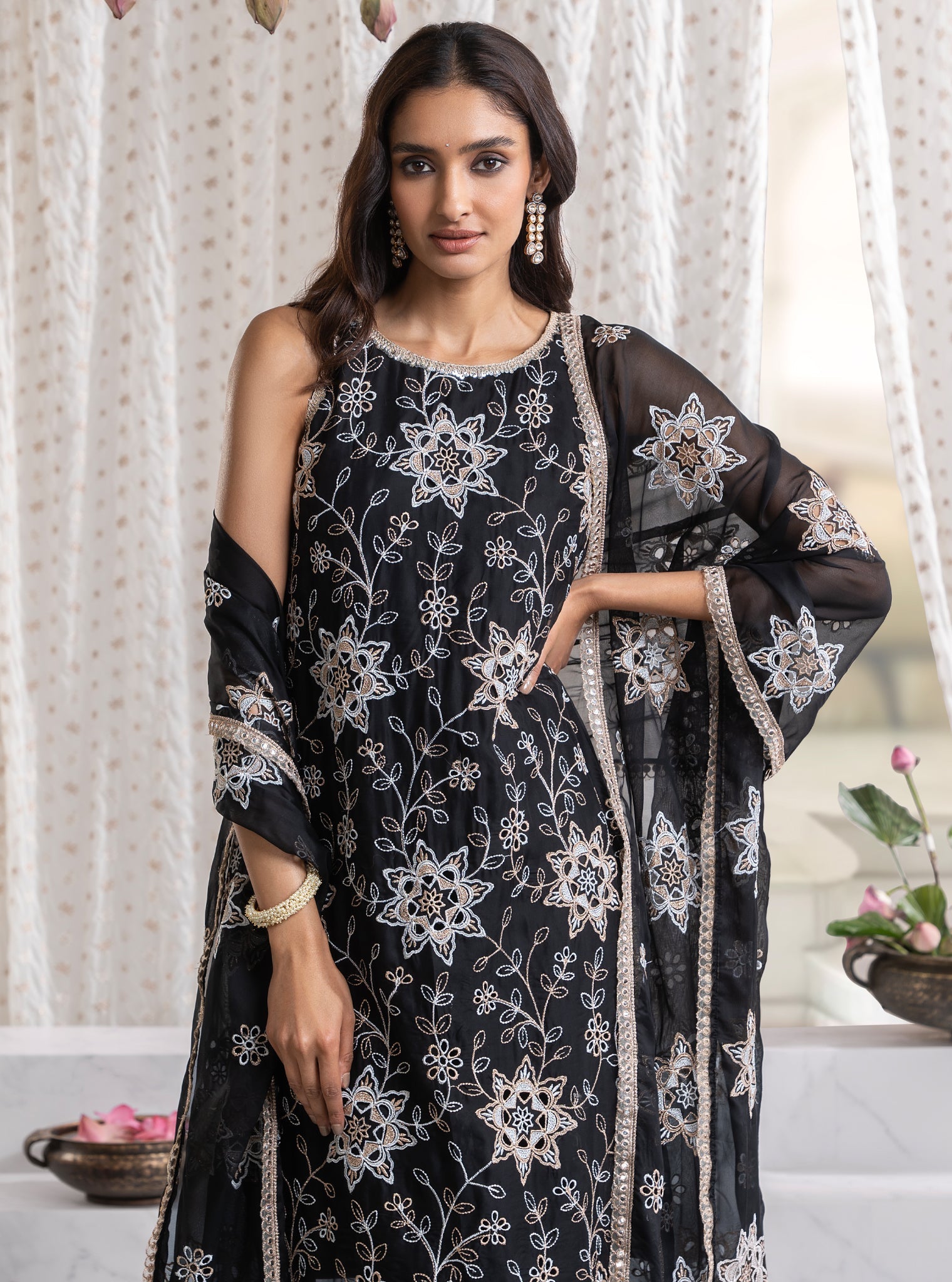 Mulmul Organza Jugni Black Kurta With Mulmul Pima Jugni Black Pant