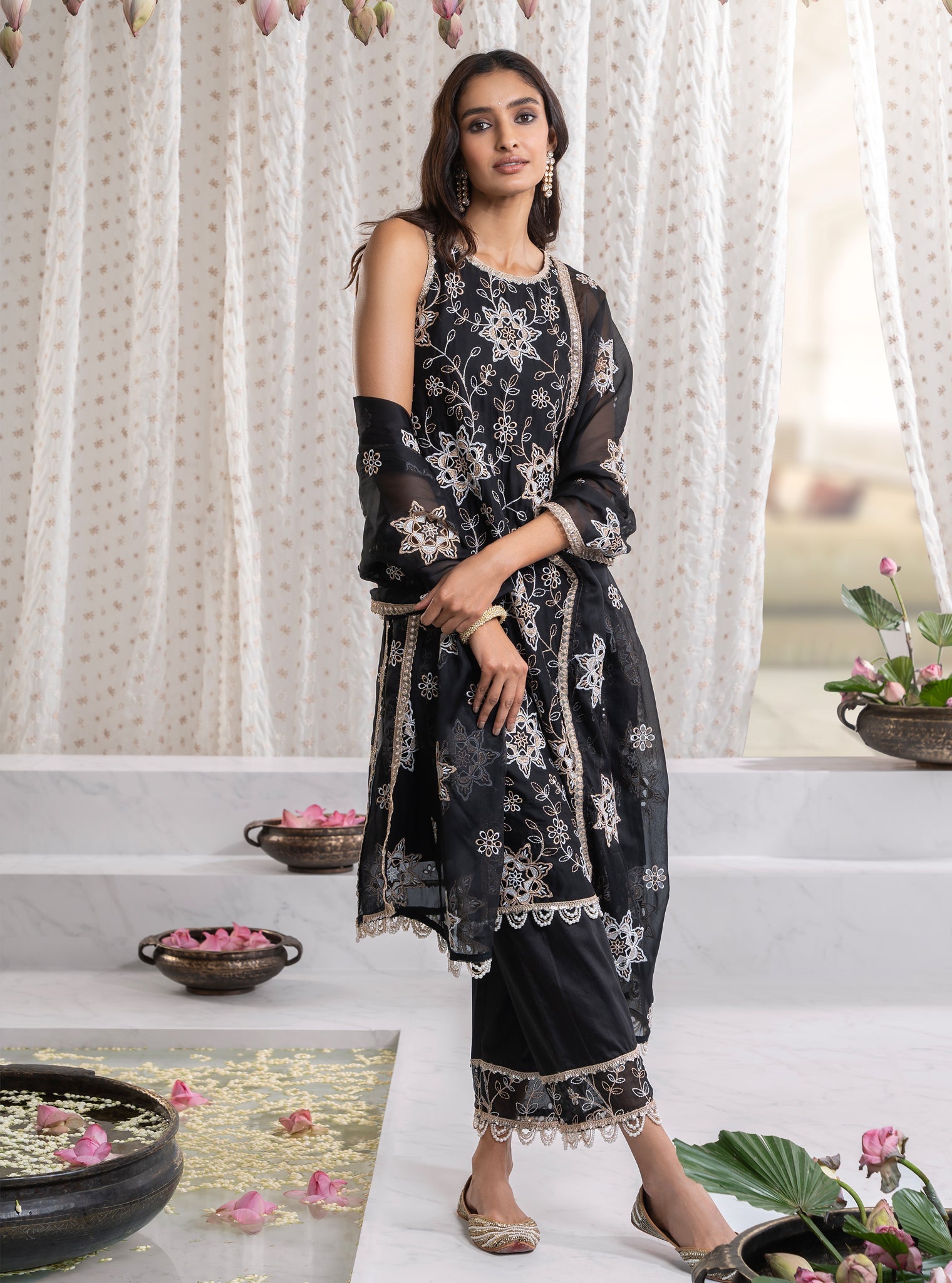 Mulmul Organza Jugni Black Kurta With Mulmul Pima Jugni Black Pant