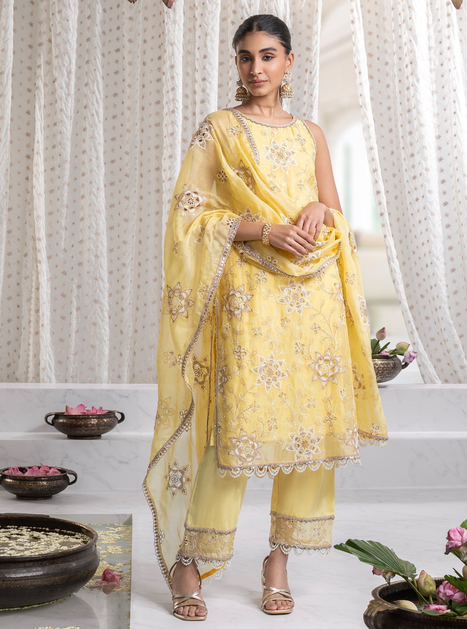 Mulmul Organza Jugni Yellow Kurta With Mulmul Pima Jugni Yellow Pant