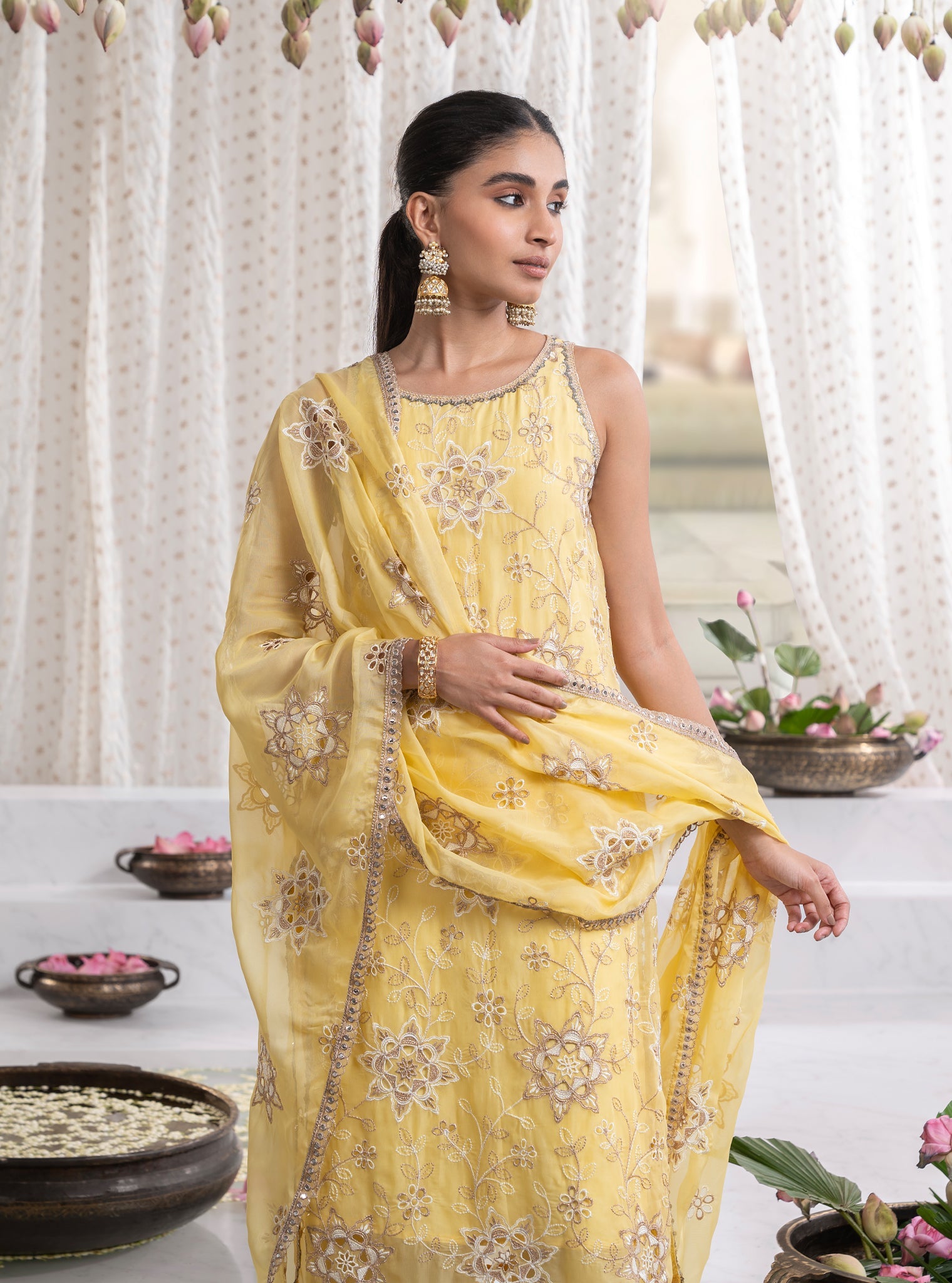 Mulmul Organza Jugni Yellow Kurta With Mulmul Pima Jugni Yellow Pant