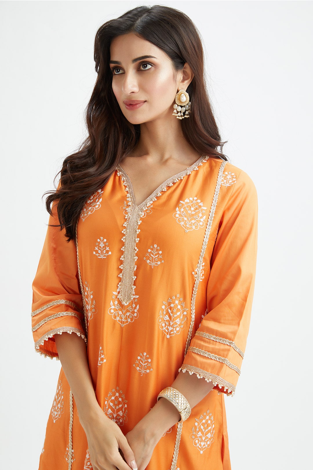 Mulmul Supima Satin Jane Orange Kurta With Jane Orange Pant