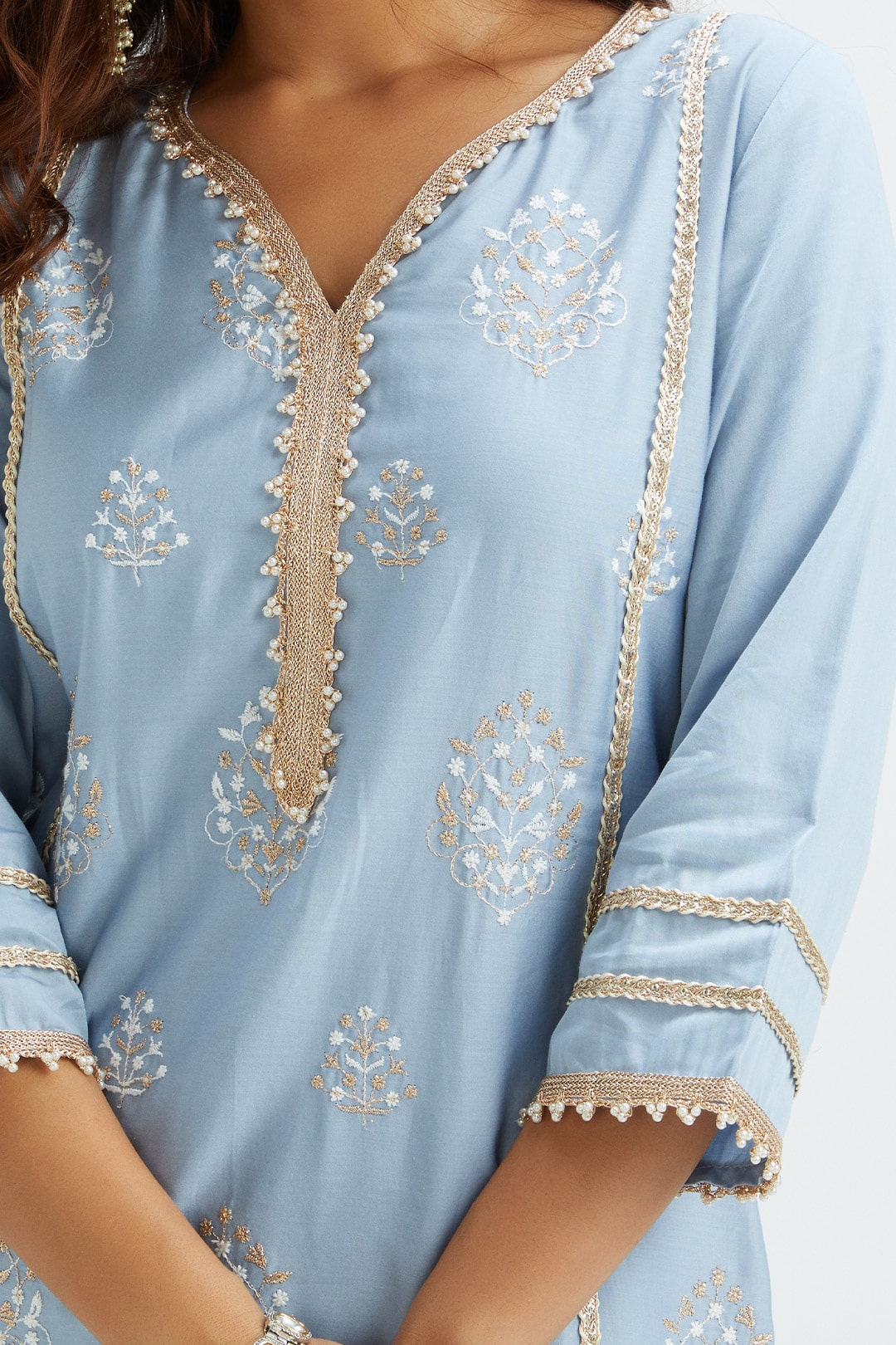 Mulmul Supima Satin Jane Blue Kurta With Jane Blue Pant