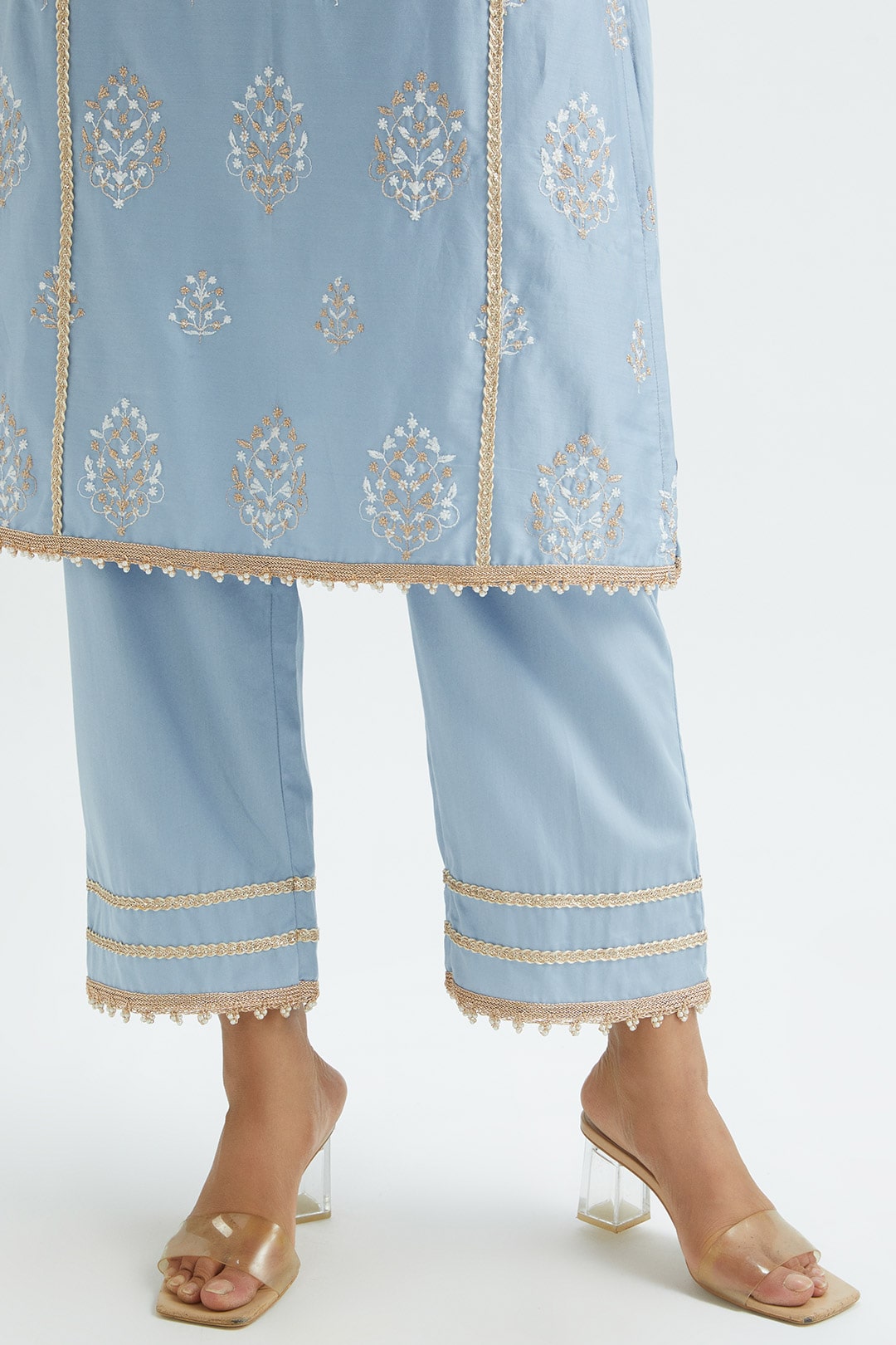 Mulmul Supima Satin Jane Blue Kurta With Jane Blue Pant