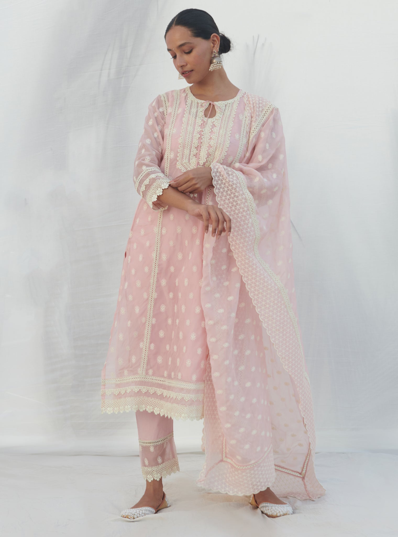 Mulmul Organza Jankia Pink Kurta With Mulmul Cotton Jankia Pink pant