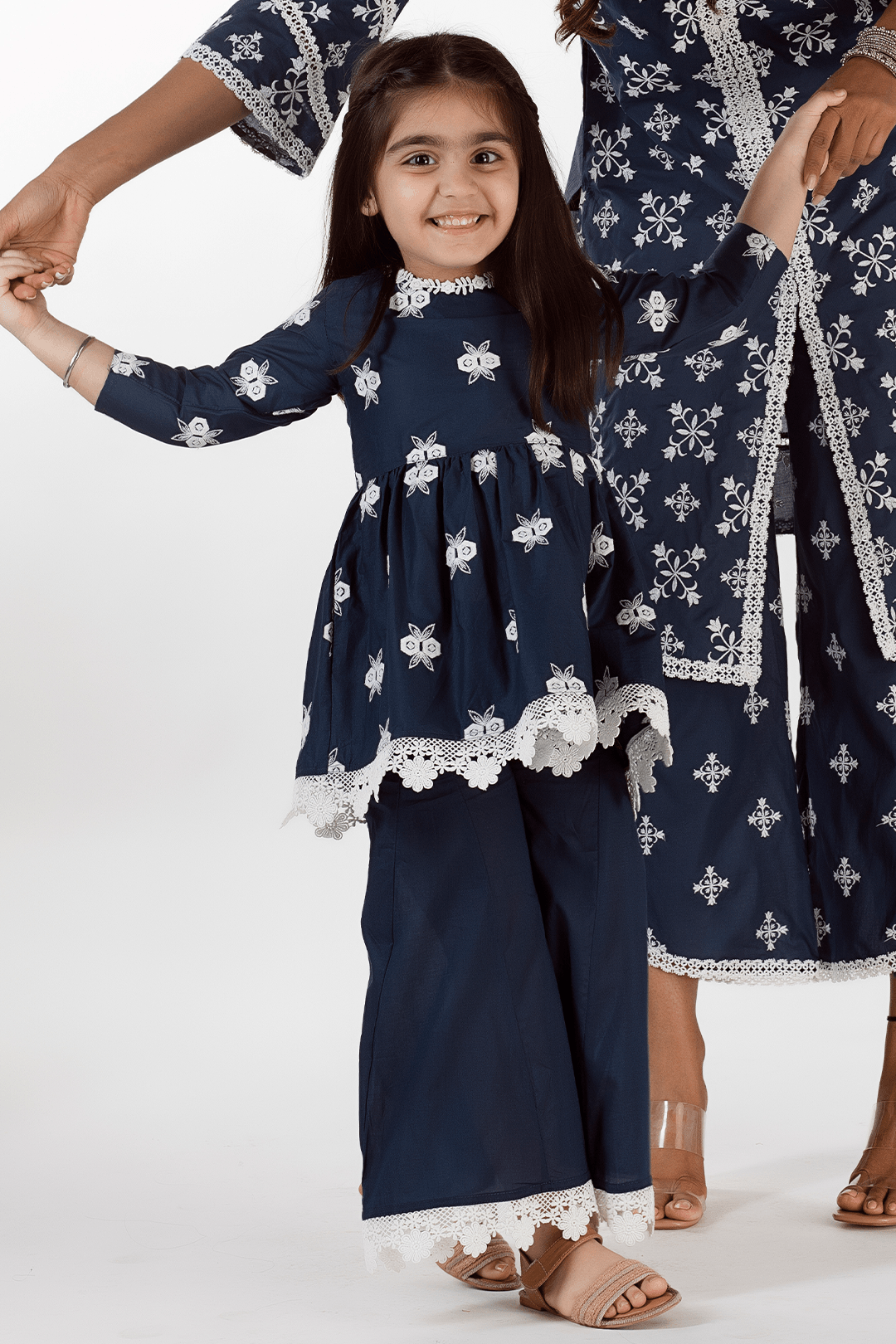 Mulmul Cotton Jolie Kurta Navy With Jolie Sharara Navy