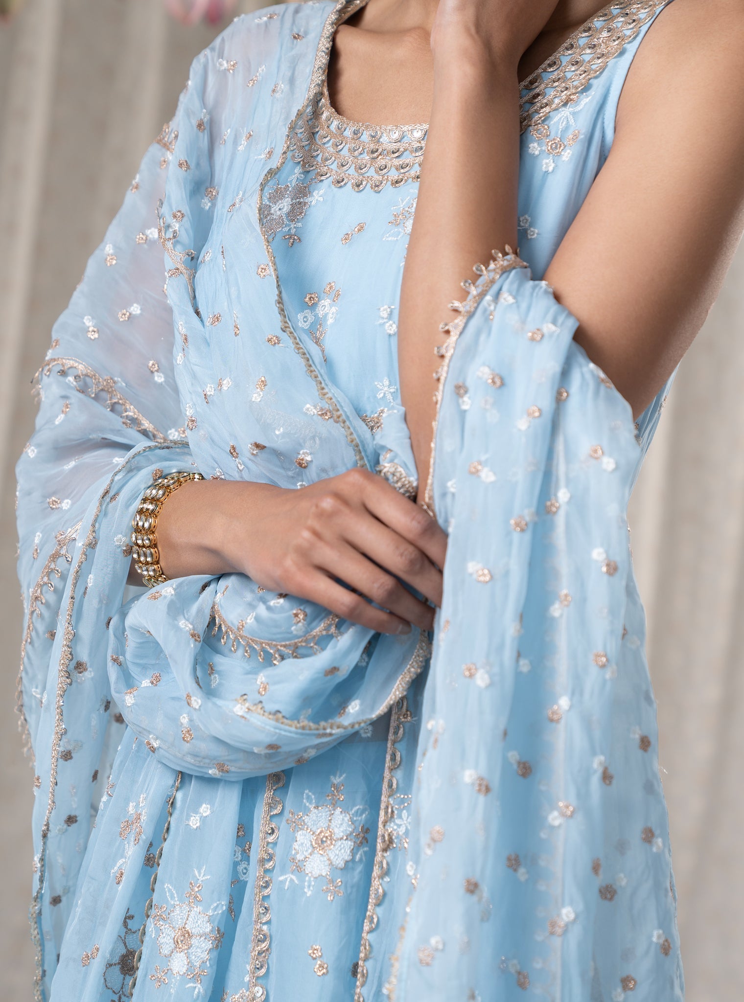 Mulmul Organza Kesariya Anarkali Blue Kurta With Mulmul Pima Kesariya Blue Pant