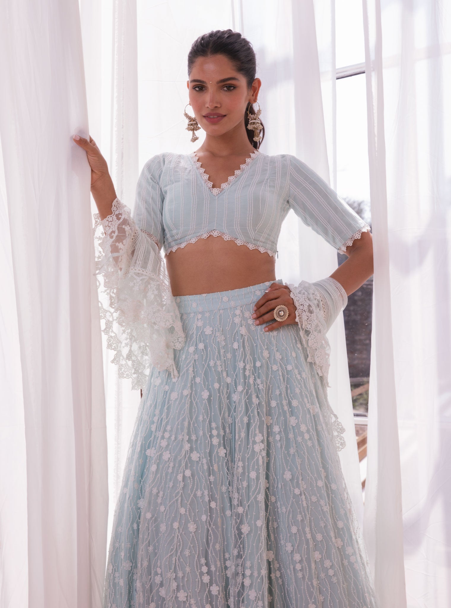 Mulmul Kasauli Blue Net Lehenga