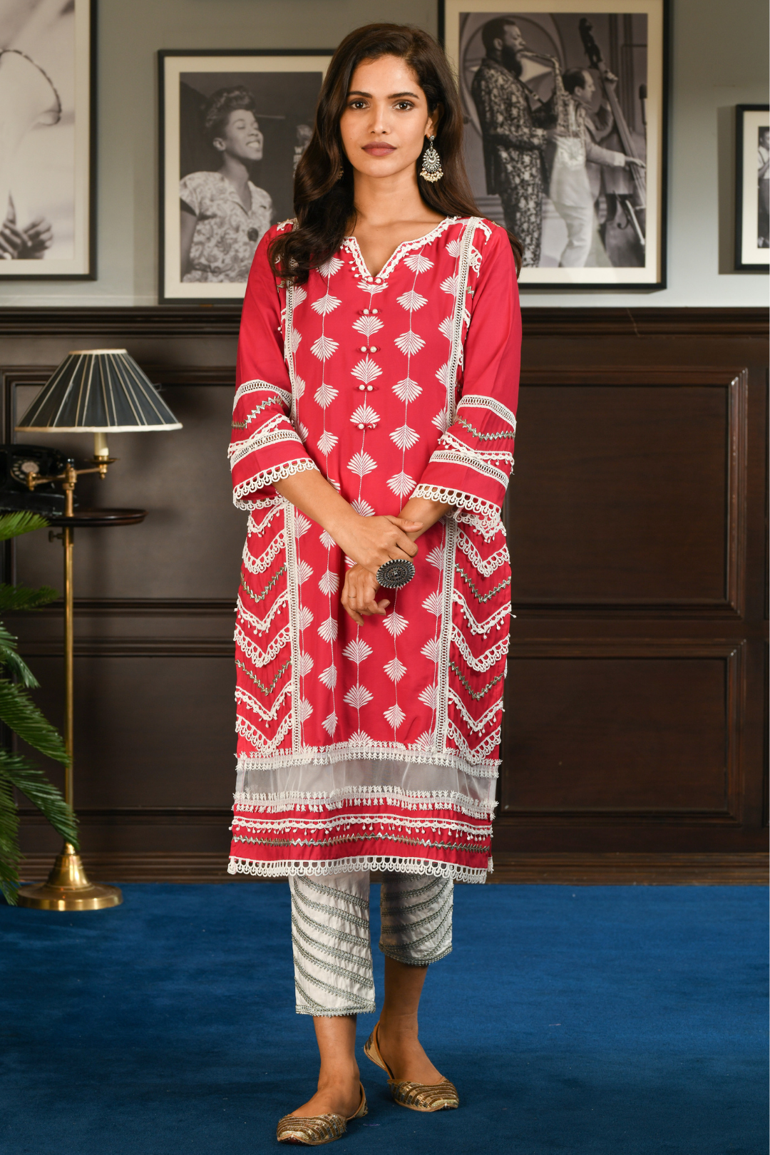 Pima Satin Keiko Kurta With Gota Daigonal Pyajama