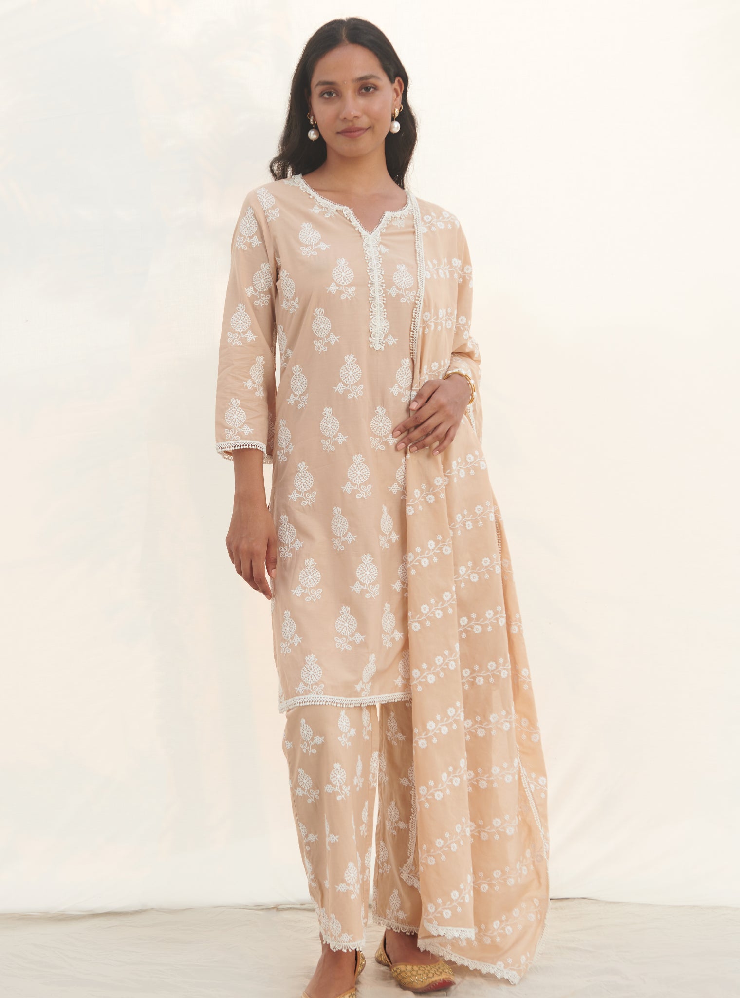 Mulmul Cotton Kelil Beige Kurta With Mulmul Cotton Kelil beige Pant