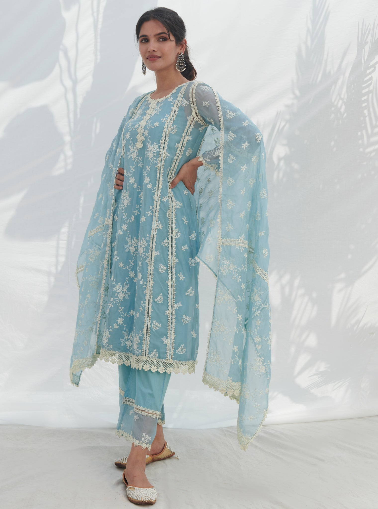 Mulmul Organza Keri Blue Kurta With Mulmul Cotton Keri Blue Pant